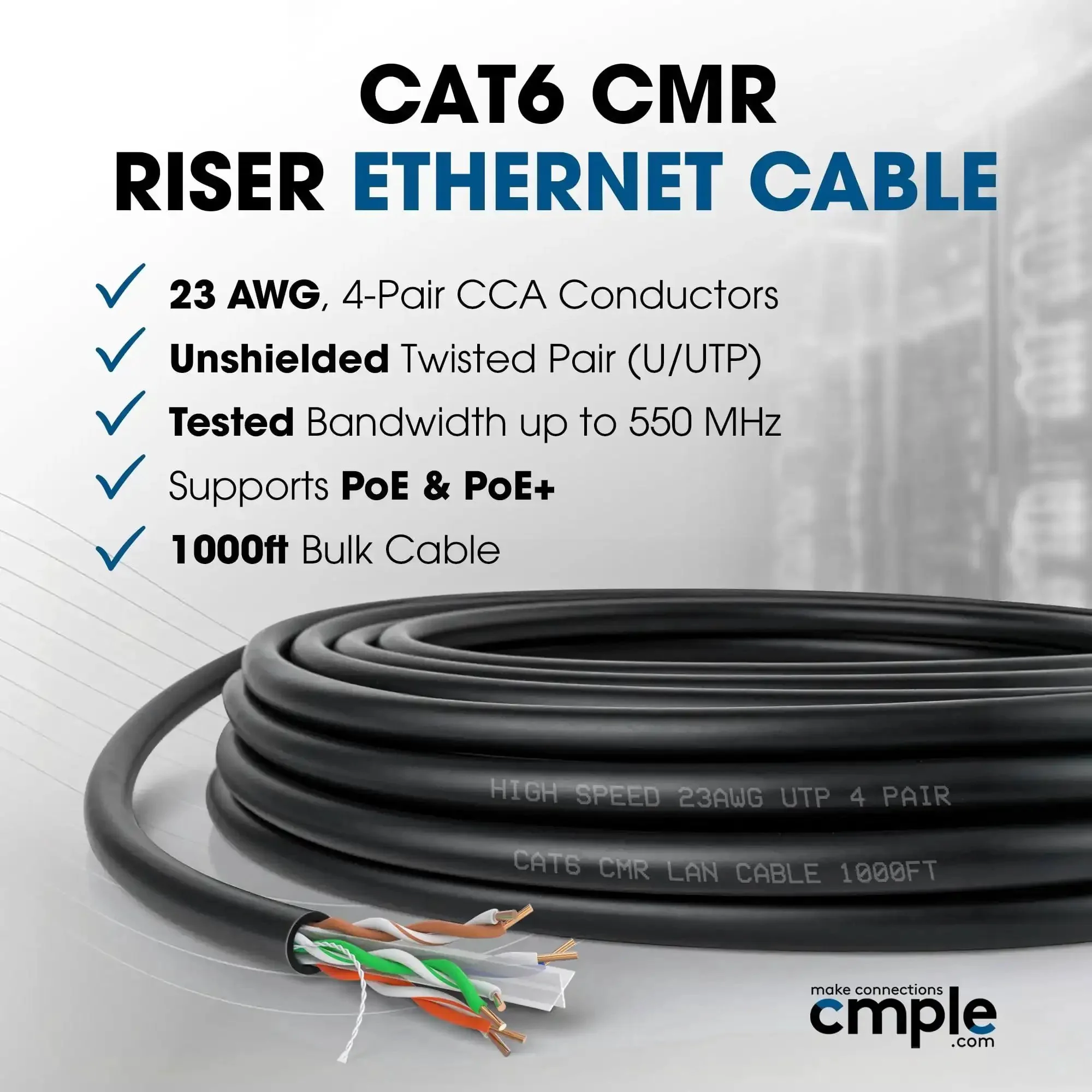 Cat6 Ethernet Cable 1000ft Bulk LAN Wire 23AWG UTP CMR Riser 10Gbps 550MHz Pull Box Black Ideal For Home Office Routers Printers IP Cameras Gaming Consoles And More - Image 9