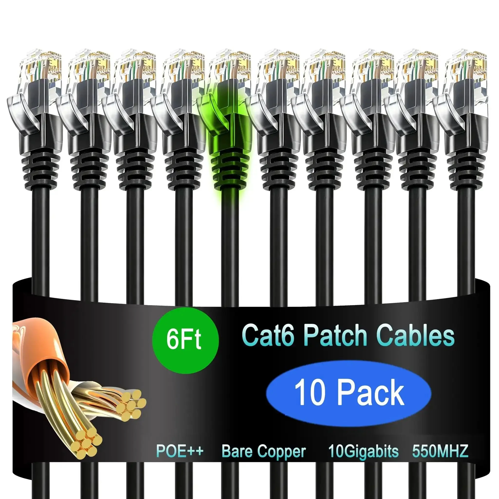Cat6 Ethernet Patch Cables 6 Ft Set Of 10 For Home, Office And Data Centers, 10G Ready, High Speed Network Patch Cables, Durable 26 AWG, Black, Great For Gaming, Streaming, And Fast File Transfers In Home And Office