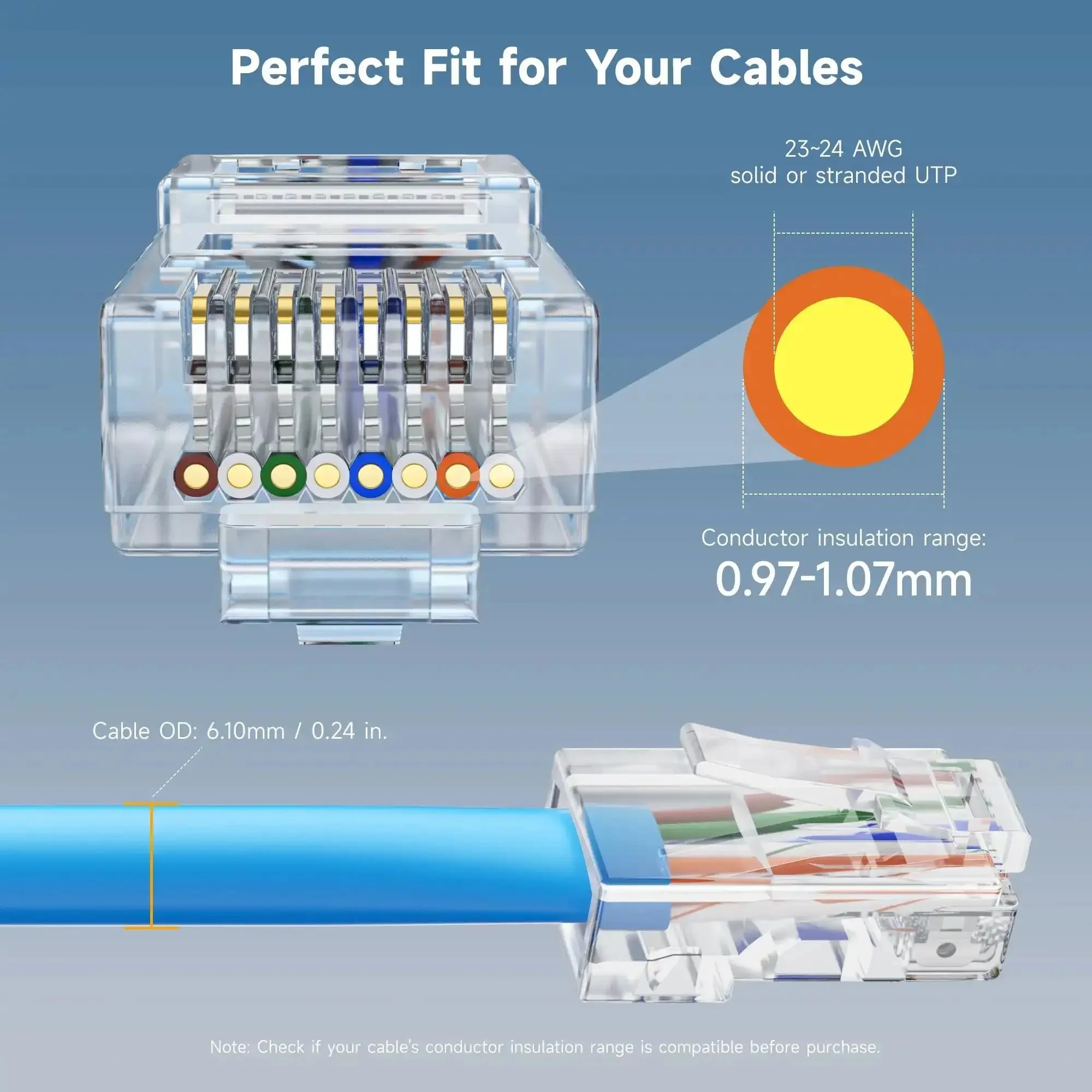 Cat6 Pass Through RJ45 Connectors 100 Pack Gold Plated 50 Micron For Solid Or Stranded UTP Ethernet Cable 23-24 AWG DIY Friendly Custom Length Network Cabling Ends Pro Grade - Image 6