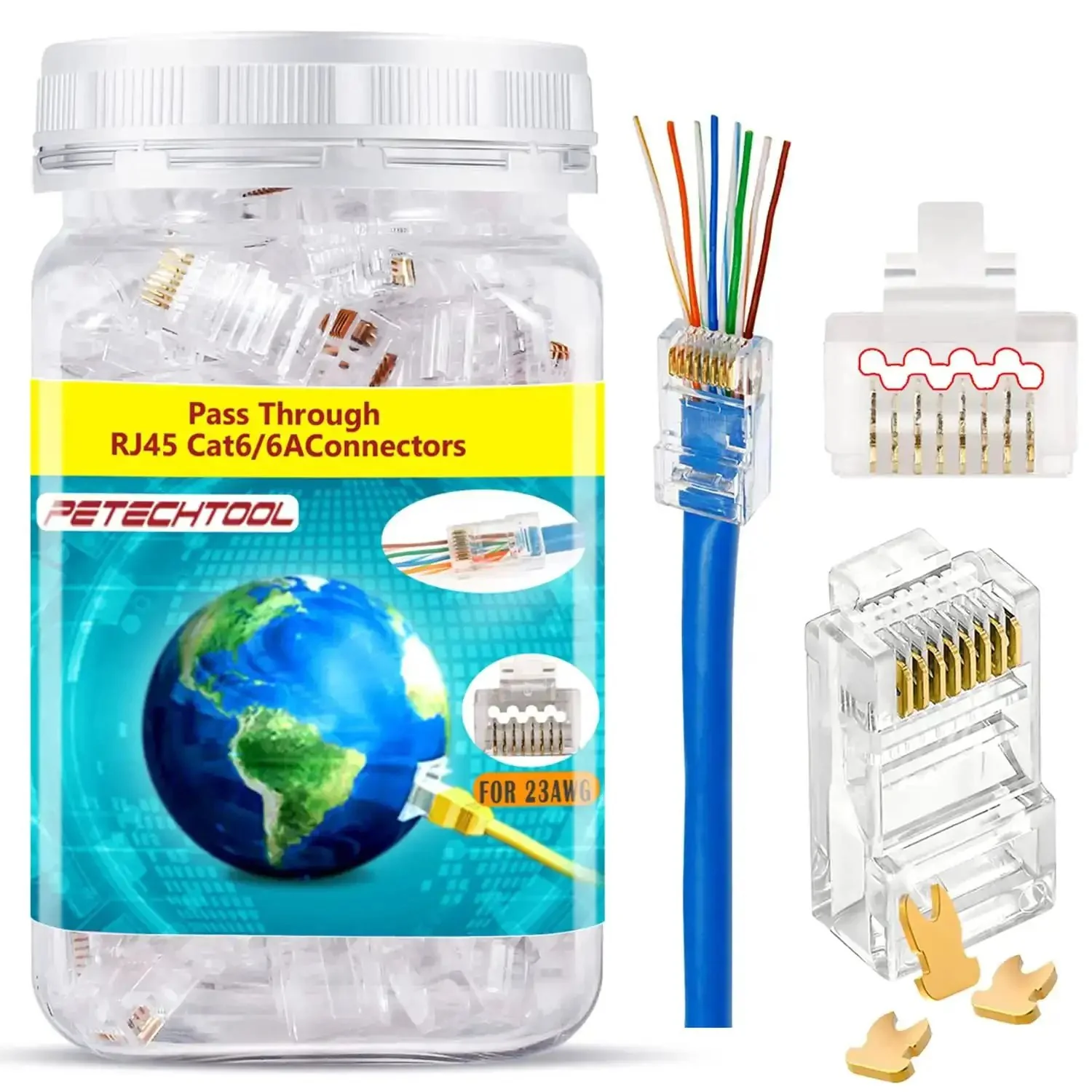 Cat6a Pass Through Ethernet Connectors 8P8C Gold Plated 23 AWG For Unshielded Twisted Pair Solid Wire And Standard Cables Easy Termination With Transparent Ends DIY Ethernet Cable Maker Kit 100 Pack