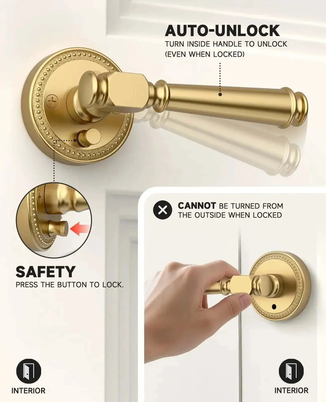 Champagne Bronze Privacy Door Handles For Interior Doors, Heavy Duty Door Levers Built To Last For Bedroom And Bathroom, Reversible For Right And Left, Keyless Push Button Lock With Emergency Release - Image 4