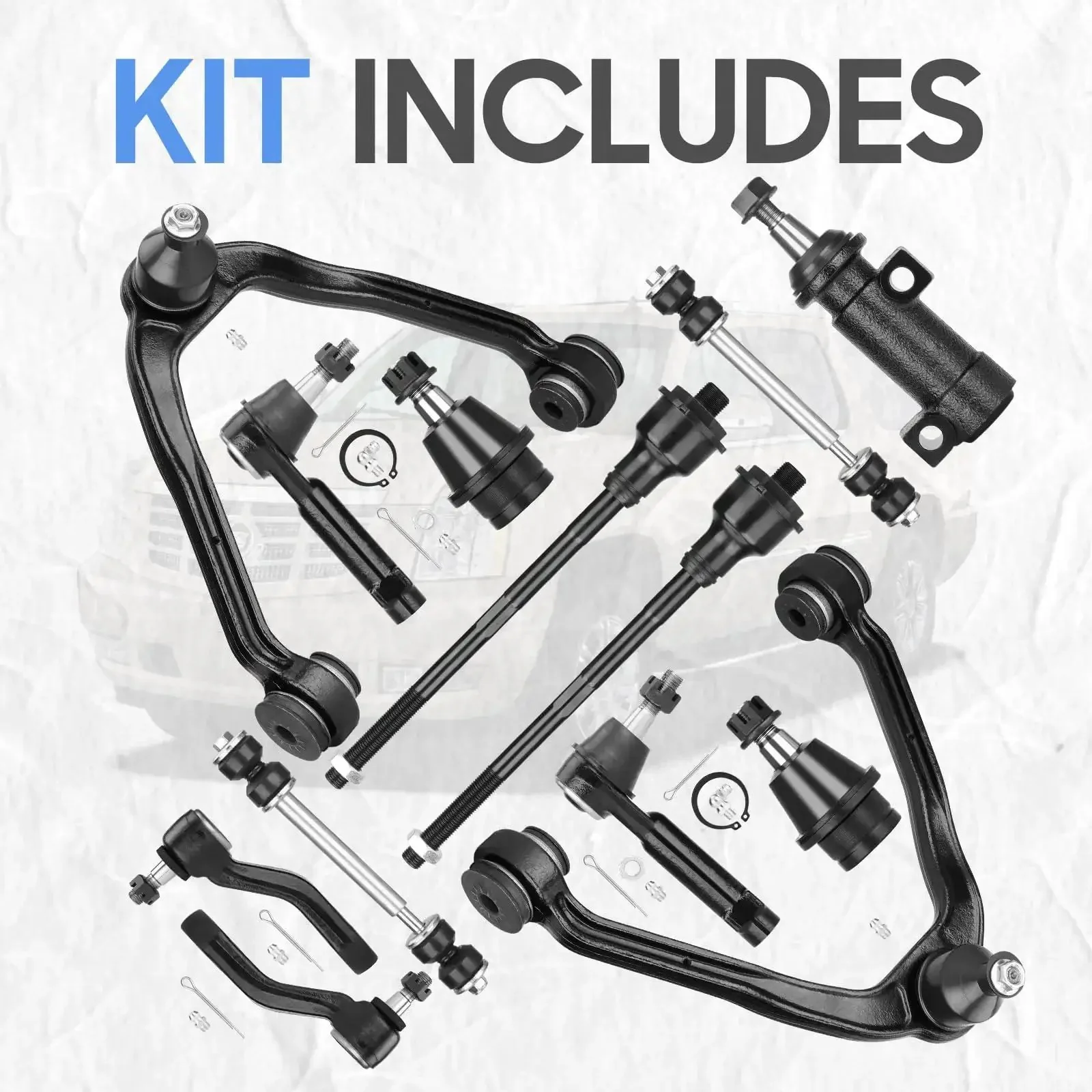 Chevy 4WD Front Upper Control Arms With Ball Joints Tie Rods Suspension Kit For 1999 2006 Silverado Suburban Tahoe Avalanche Yukon Sierra Cadillac Escalade 13 Piece Set Heavy Duty Front End Upgrade And Beefed Up Rebuild Pack - Image 5