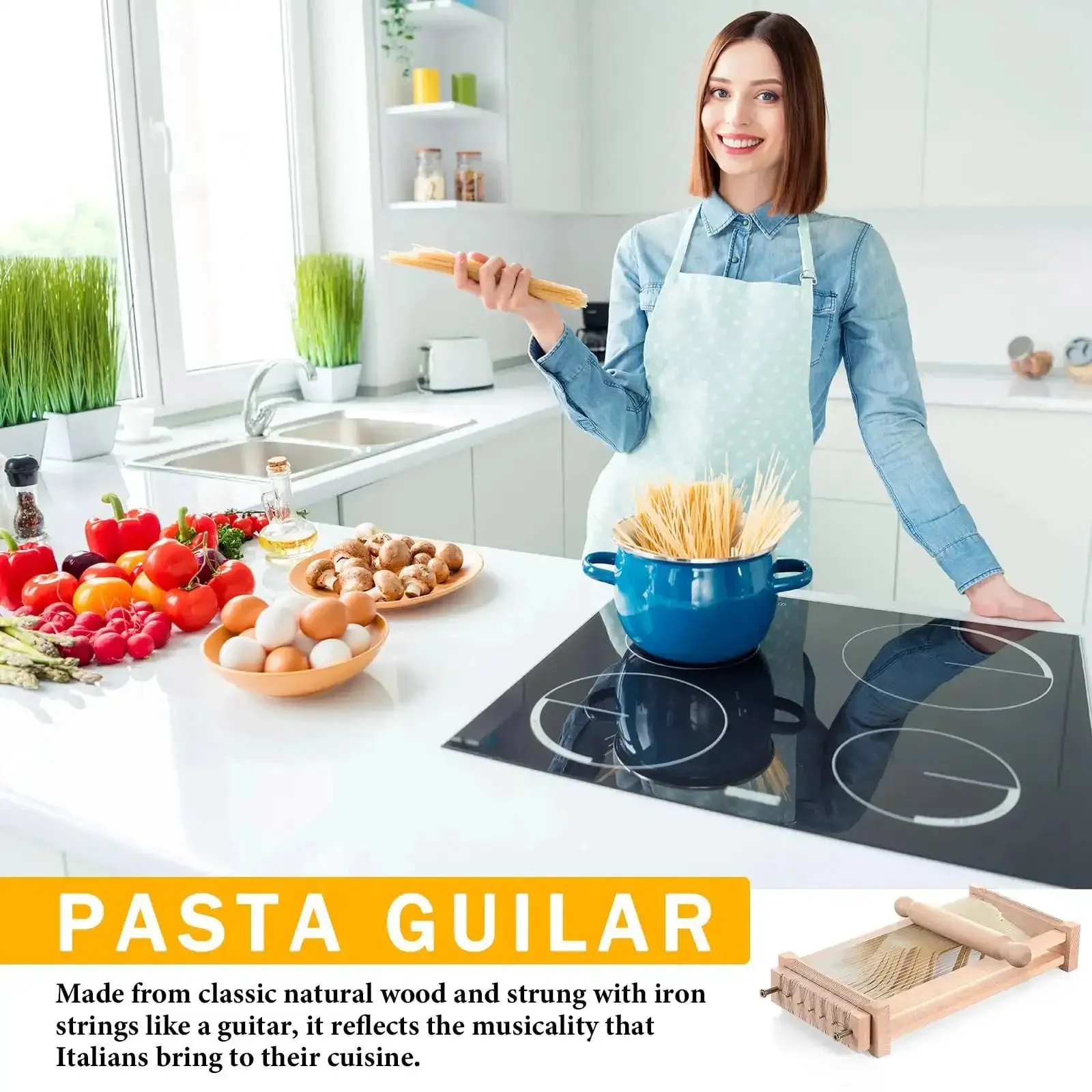 Chitarra Cutter Pasta Maker With Rolling Pin Guitar Board For Spaghetti And Lasagna Italian Style Pasta Machine Wood Color Finish Pro Grade Durable Wood Construction For Home Kitchen Easy To Use - Image 3
