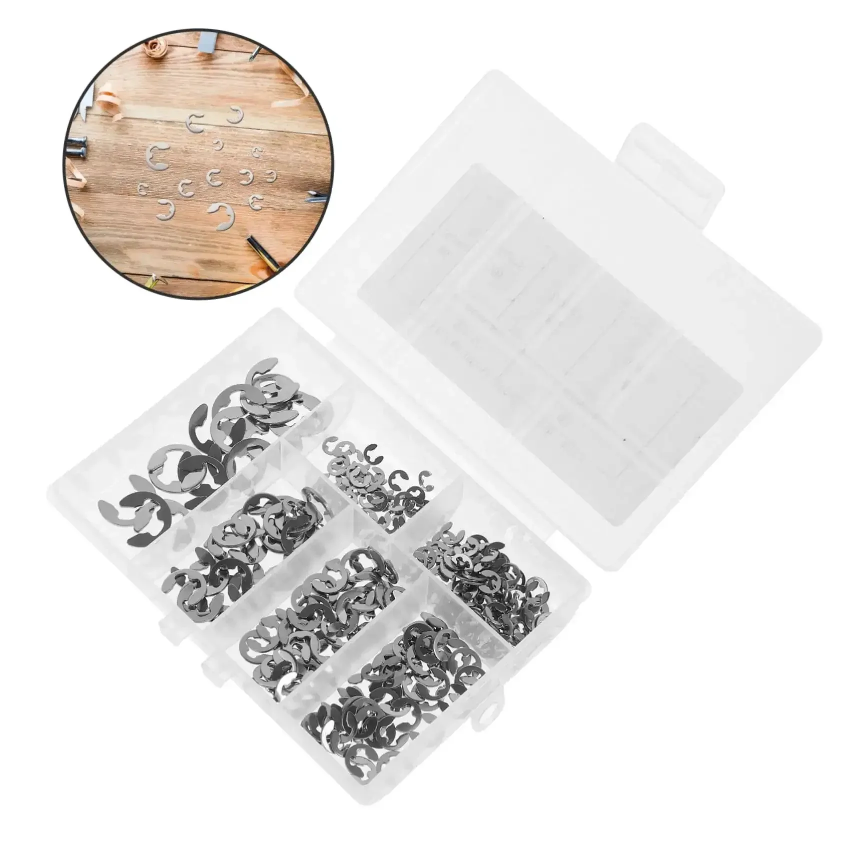 Circlip And Split Washer 300 Piece Set Stainless Steel 304 E Type Retaining Rings Transparent Storage Case For Quick Access Pro Grade Rust Resistant Fastener Kit For Industrial Projects - Image 2
