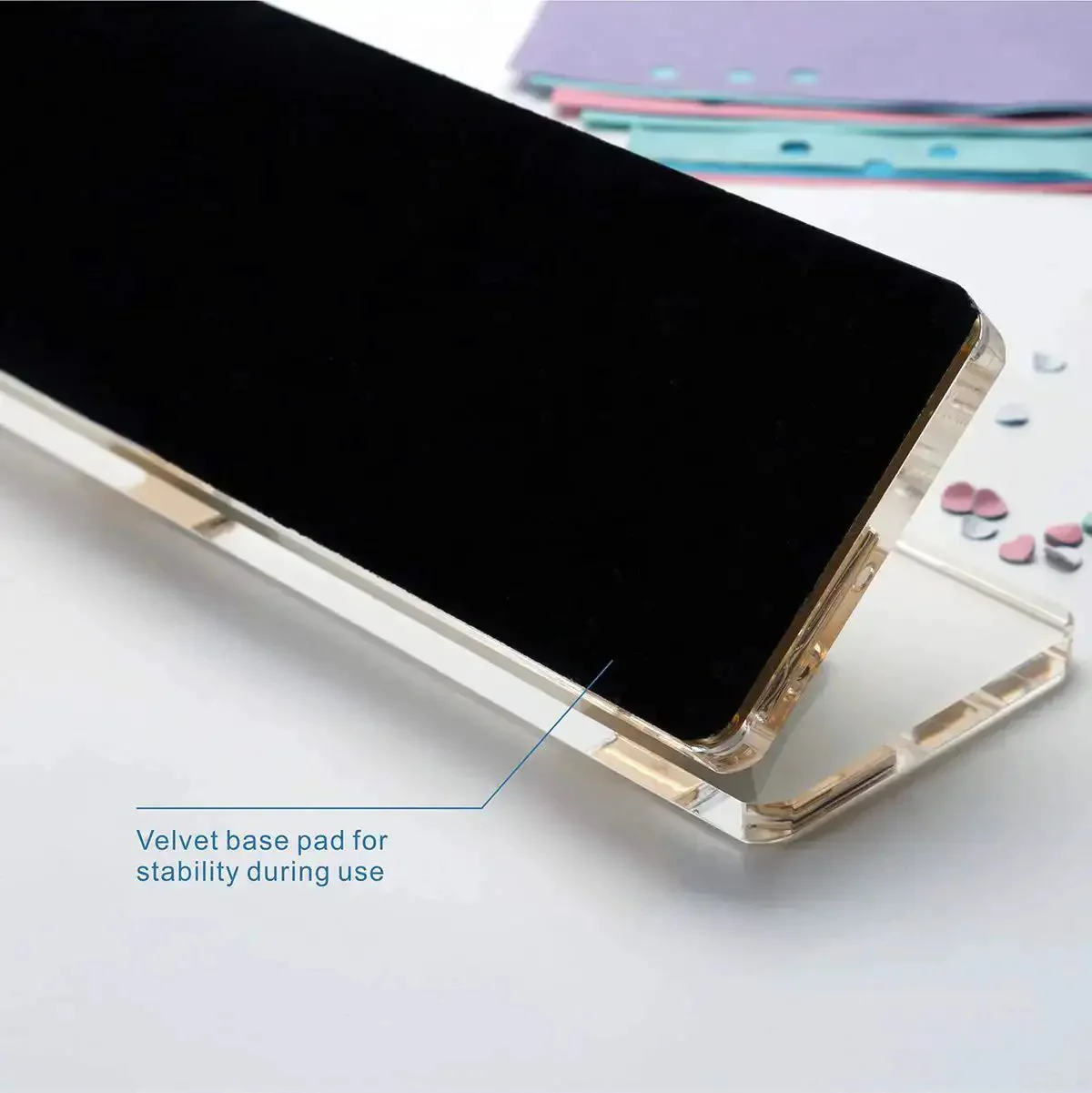 Clear Acrylic 3 Hole Punch For 10 Sheets With Four And A Quarter Inch Hole Spacing Gold Accents Easy No Fuss Desktop Puncher Magnetic Detachable Base Anti Slip Pad 3 Ring Binder Compatible Office Desk Accessory - Image 4