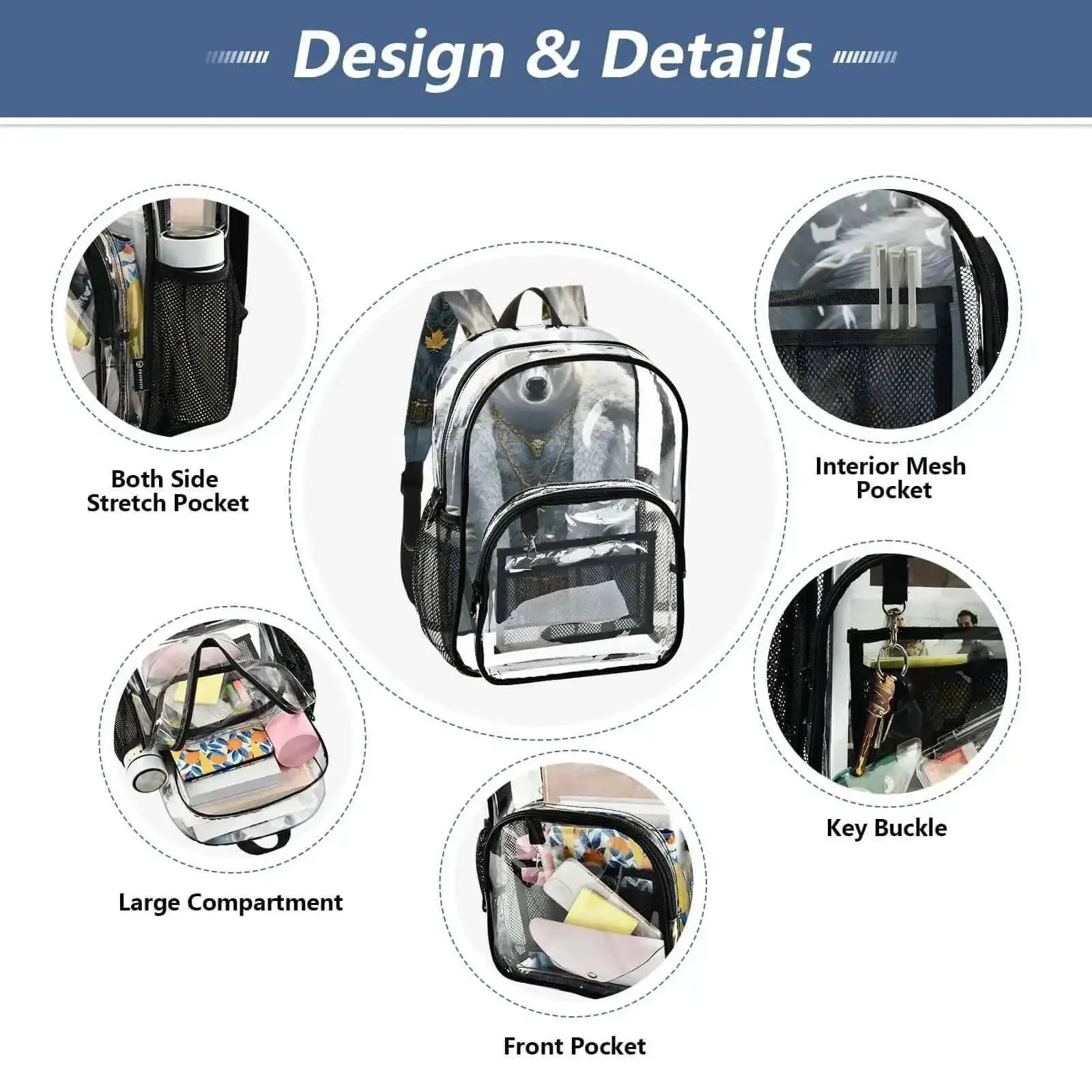 Clear PVC Backpack See Through Bookbag With Front Mesh Pocket And Side Bottle Pockets 12L Lightweight Durable Unisex For School College Travel Kid Friendly Everyday Use - Image 2
