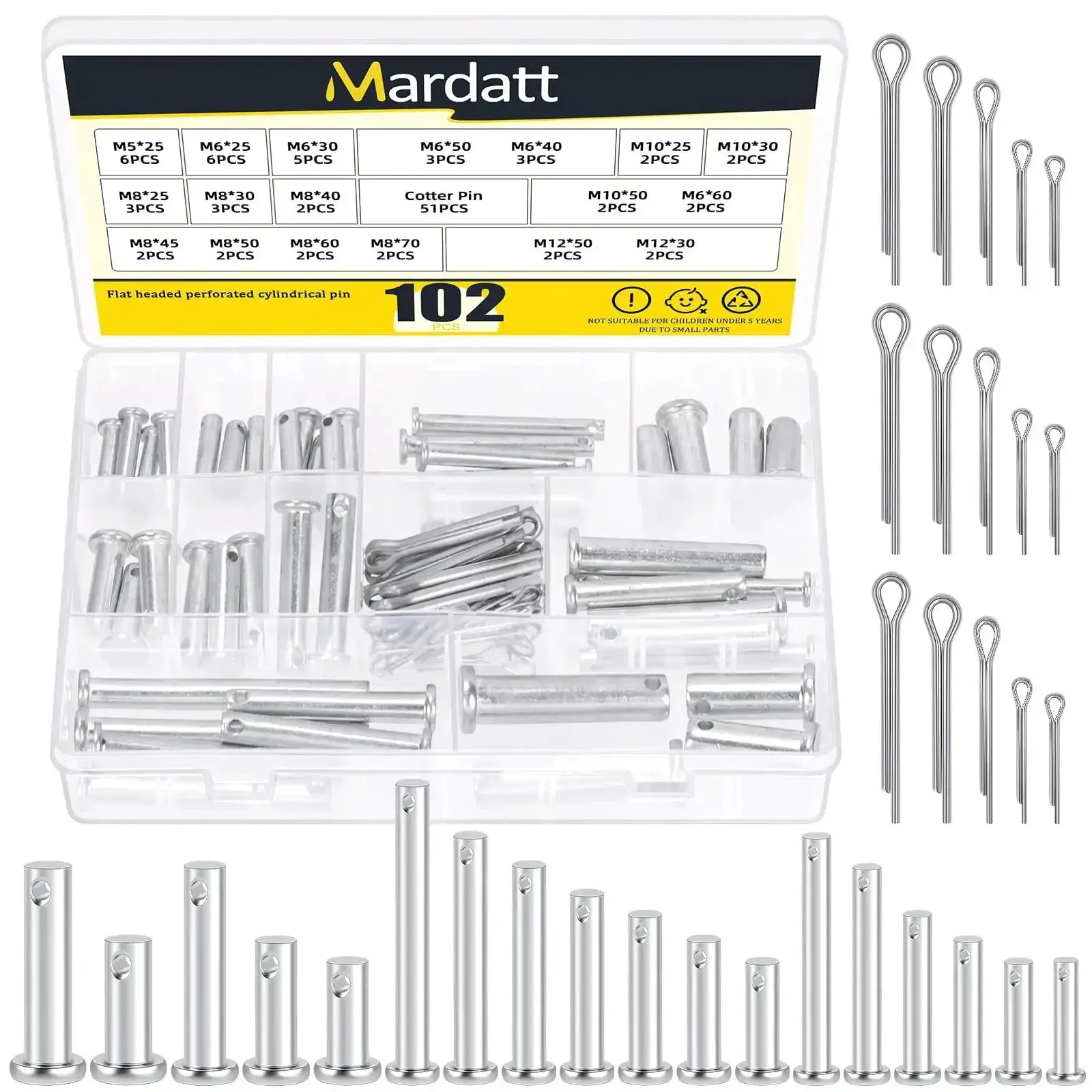 Clevis Pin Kit 51 Single Hole Flat Head Clevis Pins In 18 Sizes Plus 51 Random Size Split Cotter Pins Three Sixteenths Inch To One Half Inch Zinc Plated Carbon Steel Easy Storage In Plastic Organizer Box Great For Garage Use Total 102 Pieces