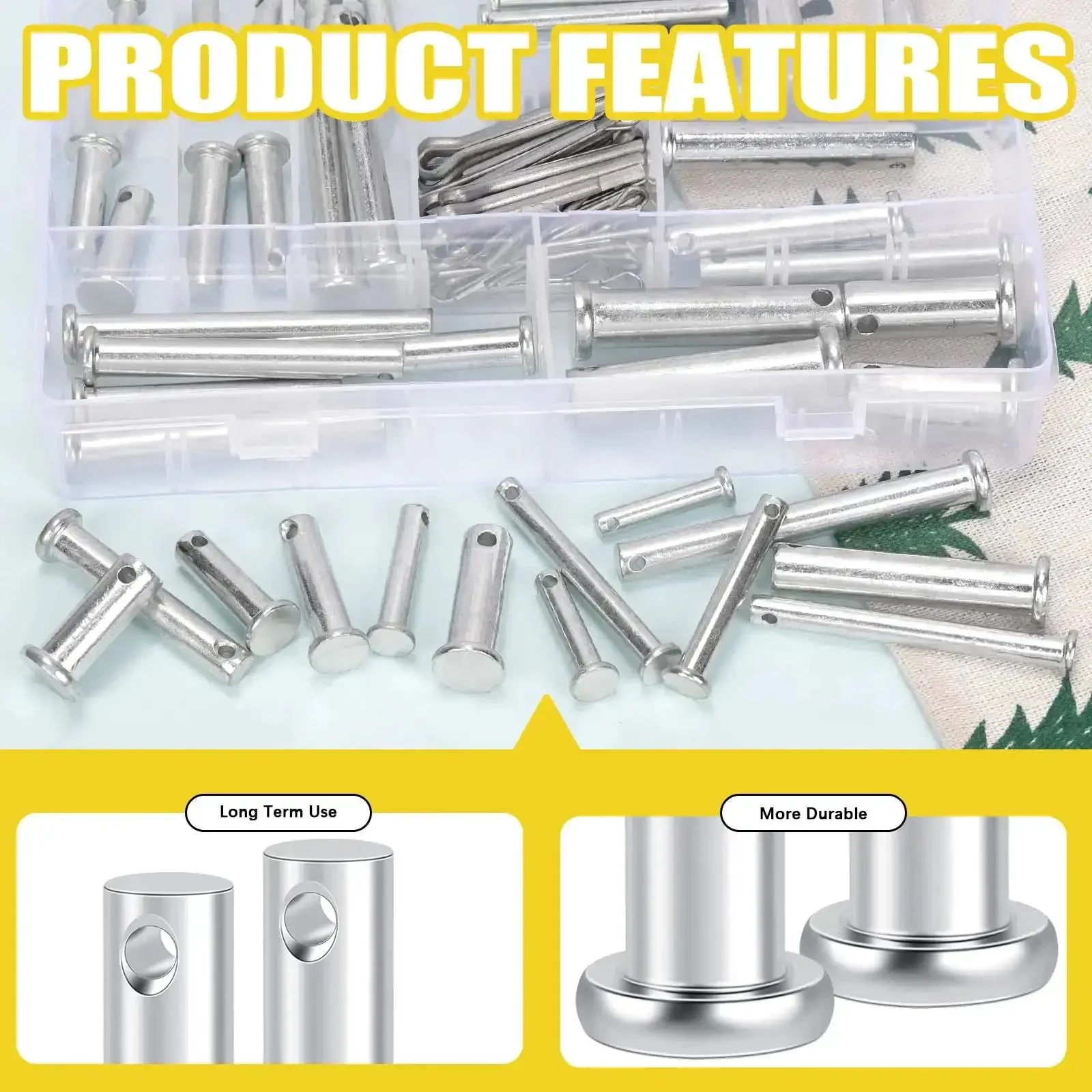 Clevis Pin Kit 51 Single Hole Flat Head Clevis Pins In 18 Sizes Plus 51 Random Size Split Cotter Pins Three Sixteenths Inch To One Half Inch Zinc Plated Carbon Steel Easy Storage In Plastic Organizer Box Great For Garage Use Total 102 Pieces - Image 6