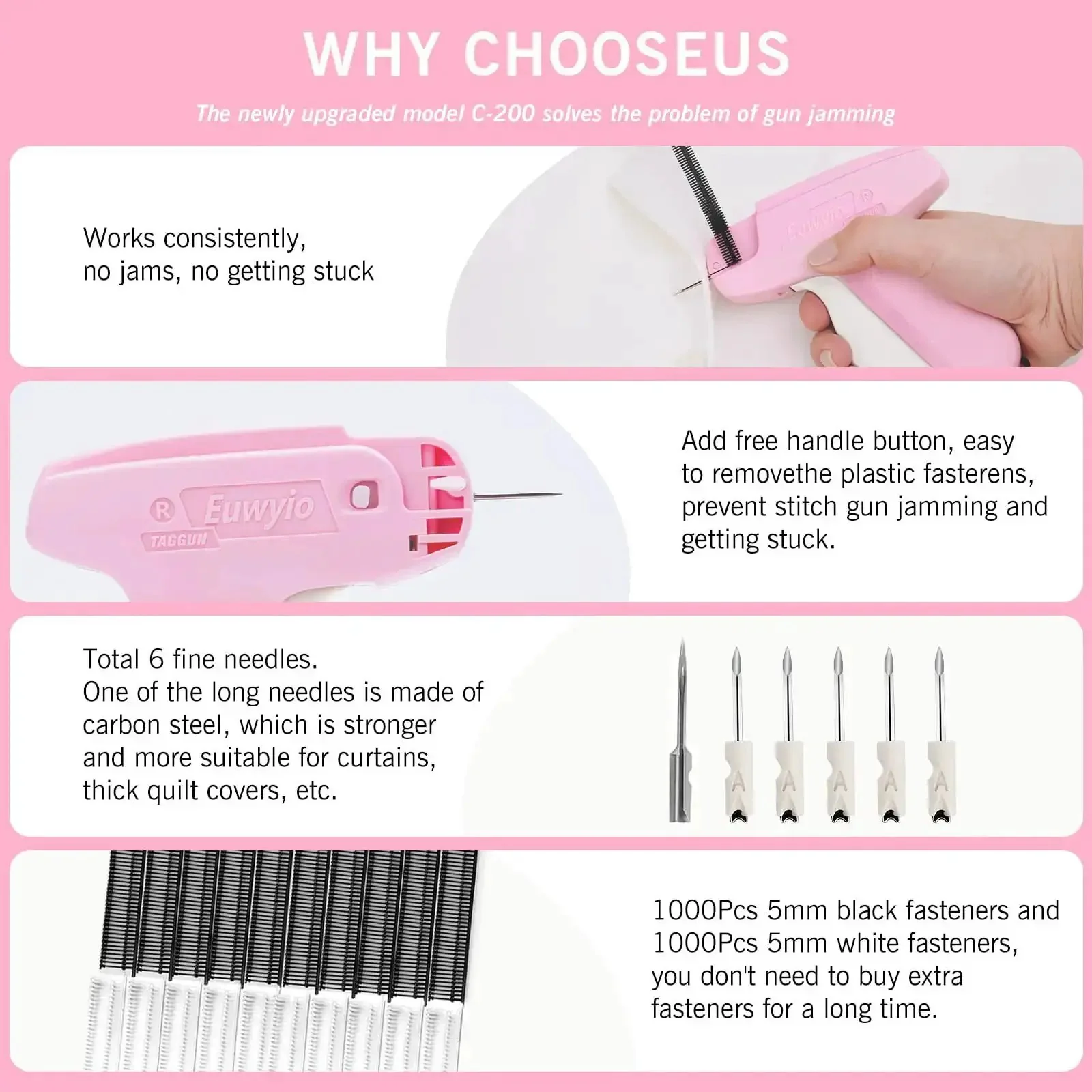 Clothing Repair Gun Kit With 5mm Mini Fasteners In Black And White, Durable Invisible Stitches For Quick Hem Fix, Includes 6 Needles, Pink Handle Sewing Tool, 1000 Black And 1000 White Fasteners, Easy On The Go Mending - Image 3