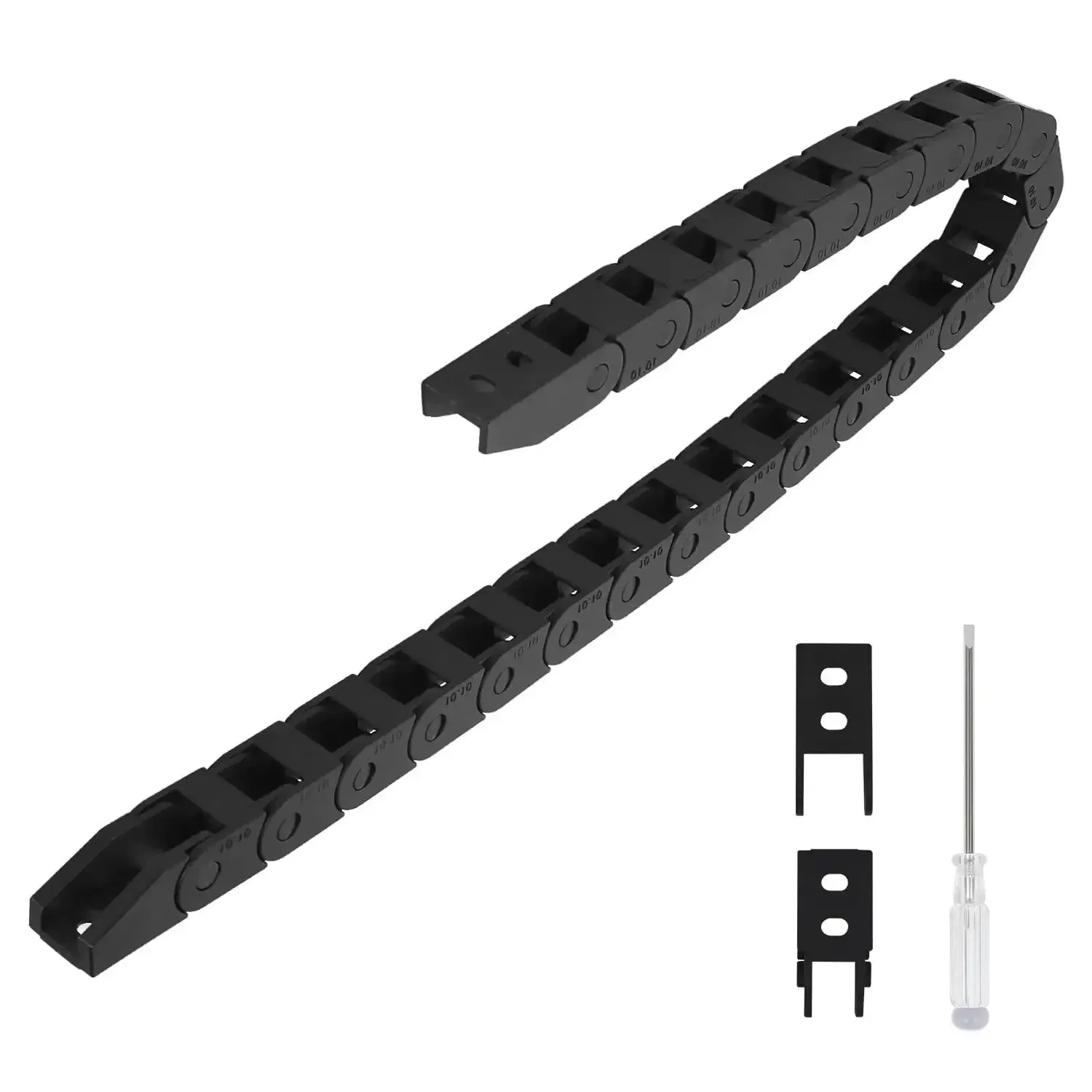 CNC Cable Drag Chain 10mm By 10mm Inner Size, 1 Meter Length Bridge Type Non Openable Black Plastic Wire Carrier Chain With End Connectors, R18 Bend Radius, Linkable To Create Any Length For Smooth Machine Tool Routing