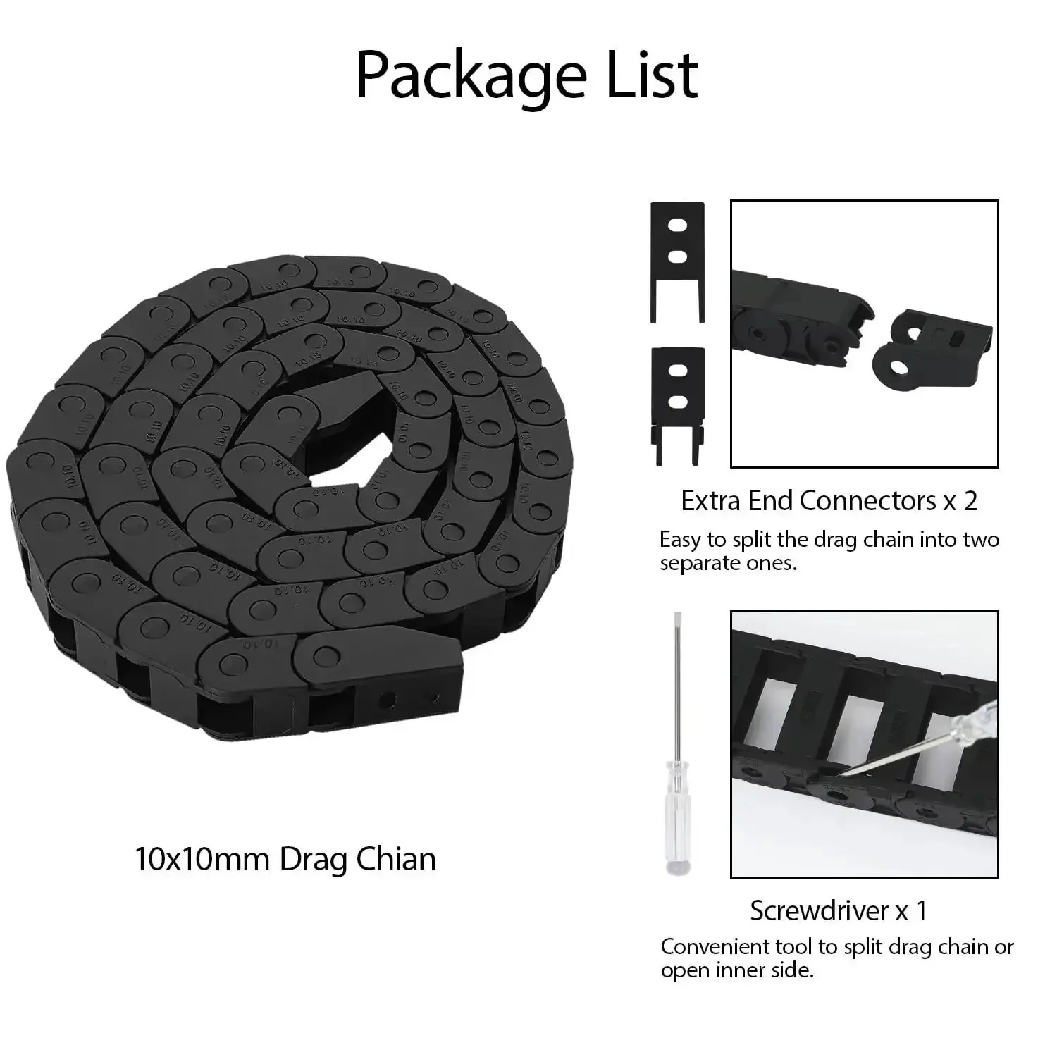 CNC Cable Drag Chain 10mm By 10mm Inner Size, 1 Meter Length Bridge Type Non Openable Black Plastic Wire Carrier Chain With End Connectors, R18 Bend Radius, Linkable To Create Any Length For Smooth Machine Tool Routing - Image 2