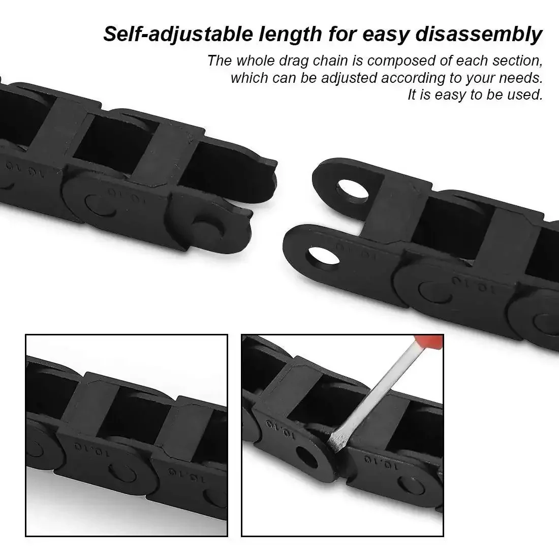 CNC Cable Drag Chain 10mm By 10mm Inner Size, 1 Meter Length Bridge Type Non Openable Black Plastic Wire Carrier Chain With End Connectors, R18 Bend Radius, Linkable To Create Any Length For Smooth Machine Tool Routing - Image 6