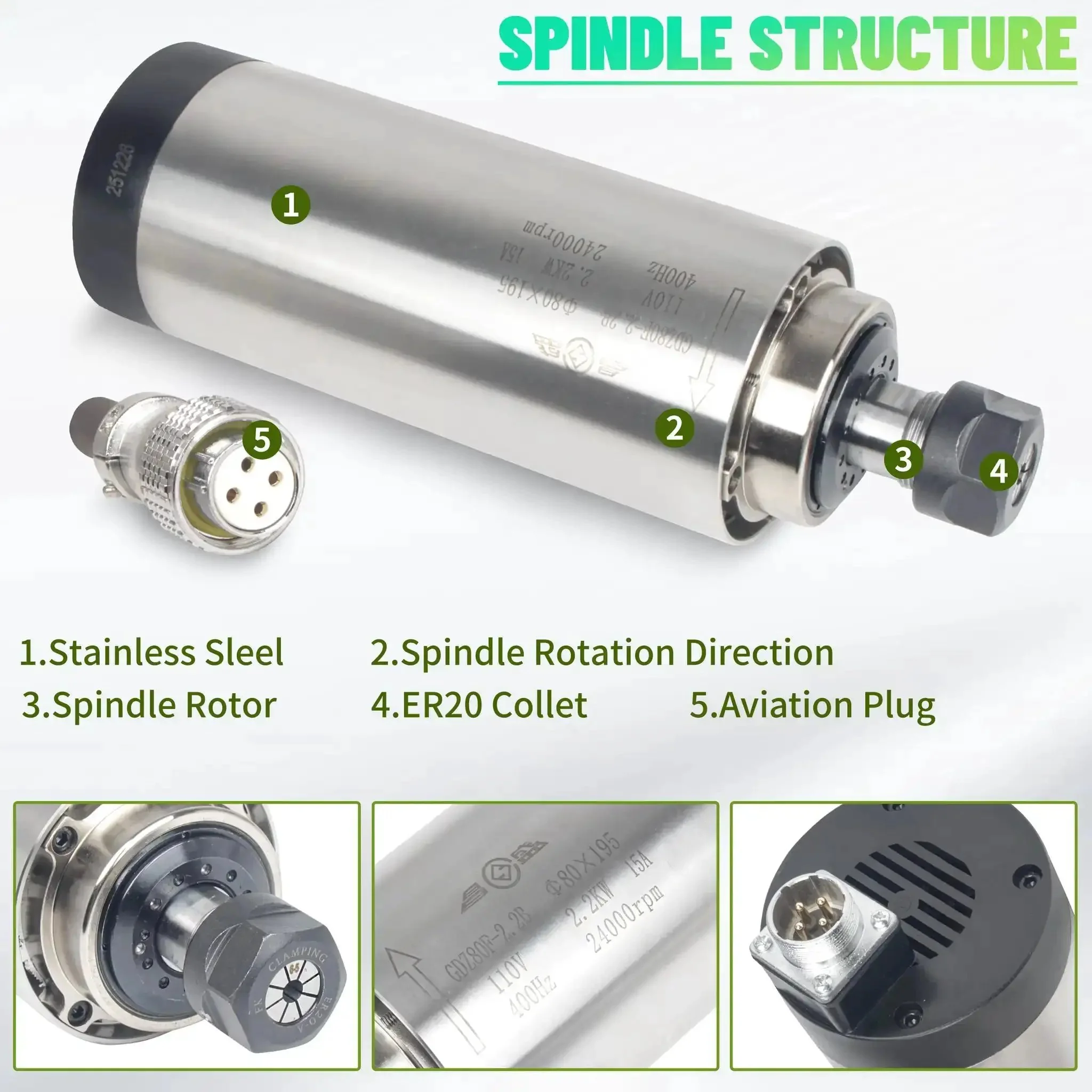 CNC Spindle Motor Kit 2.2KW Air Cooled ER20 High Speed Spindle 24000RPM 220V 8A 400Hz VFD Converter Speed Controller For Single Phase To Three Phase - Image 6