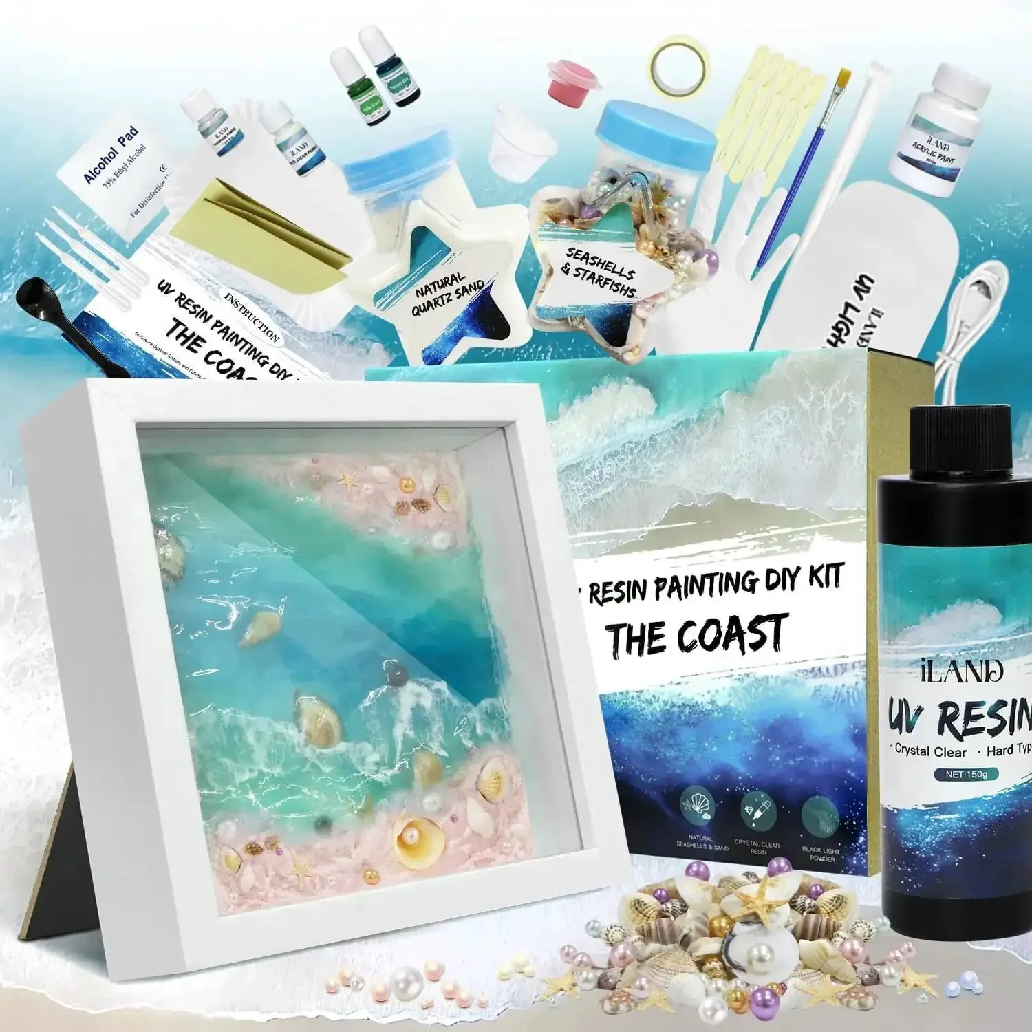 Coastal Sea Resin Art Kit For Teens And Adults With UV Light All-Inclusive Beginner Friendly DIY Beach Craft Gift Set For Coastal Decor Glowing Ocean Scene Frames Pigments And Tools Included
