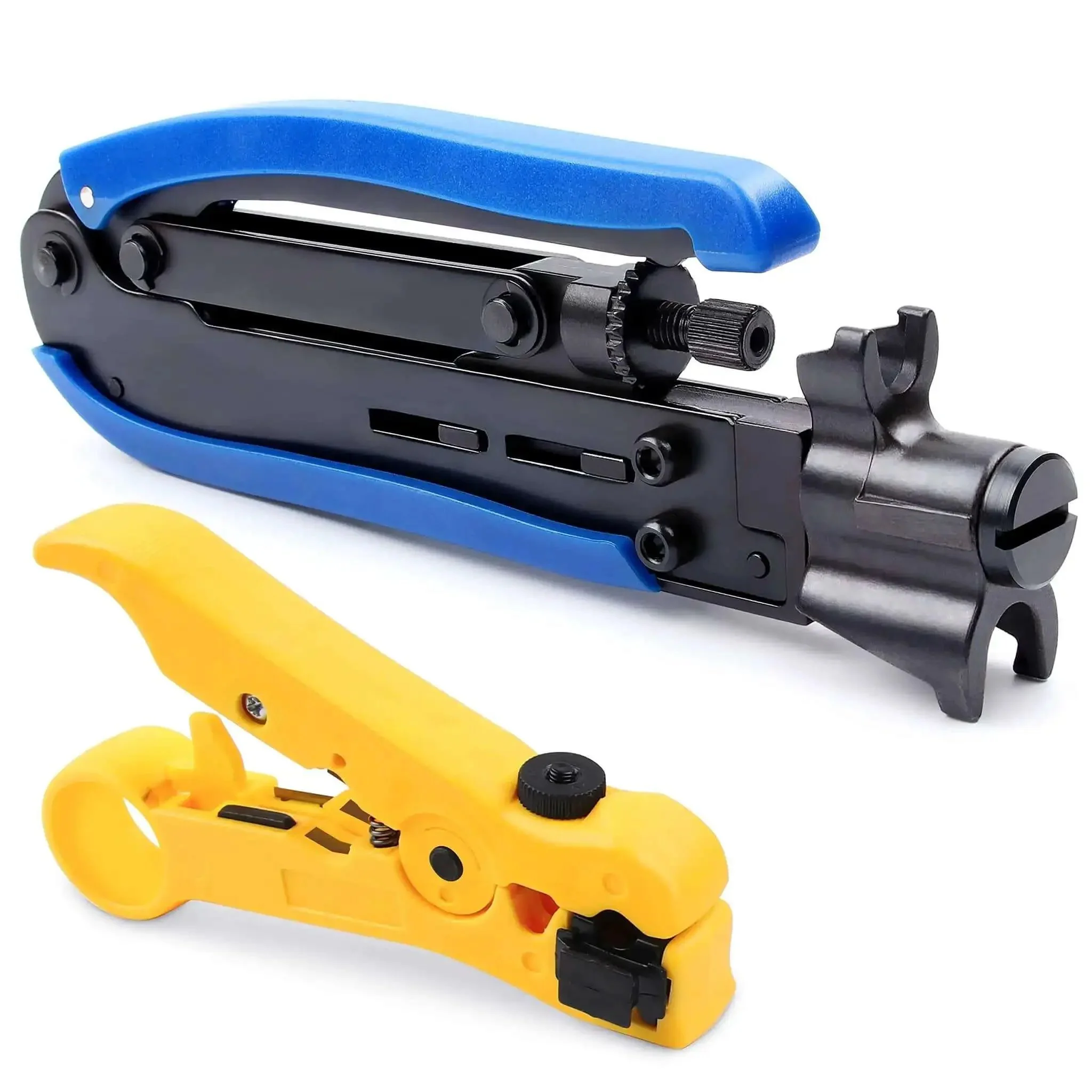 Coax Cable Crimping And Stripping Kit For RG6 RG59 RG11 Coaxial Cables With Adjustable Stripping Blade And 75-5 And 75-7 F Head Connectors Anti Slip Handle Durable Easy To Use Compression Tool For Pros And DIY Home Setups