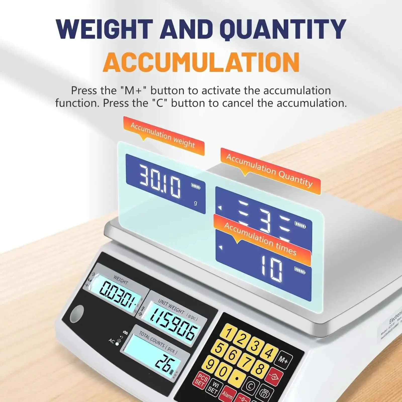 Coin And Parts Counting Scale With Alarm For Coins And Small Parts, Heavy Duty Pro Grade Electronic Gram Scale With Tare And Sample Count, 30kg/66lb Capacity, 0.1g Precision, g/kg/lb Display - Image 3