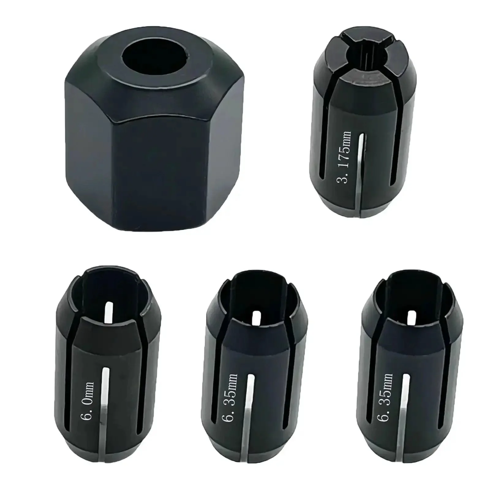 Collet Chuck And Nut Replacement Kit For Palm Routers And Drywall Tools 5 Pack With One Eighth Inch Two One Quarter Inch And Six Millimeter Collets Plus Nut Fits DW660 DW551 DCS Series Cutout Tools And RotoZip Spiral Saws