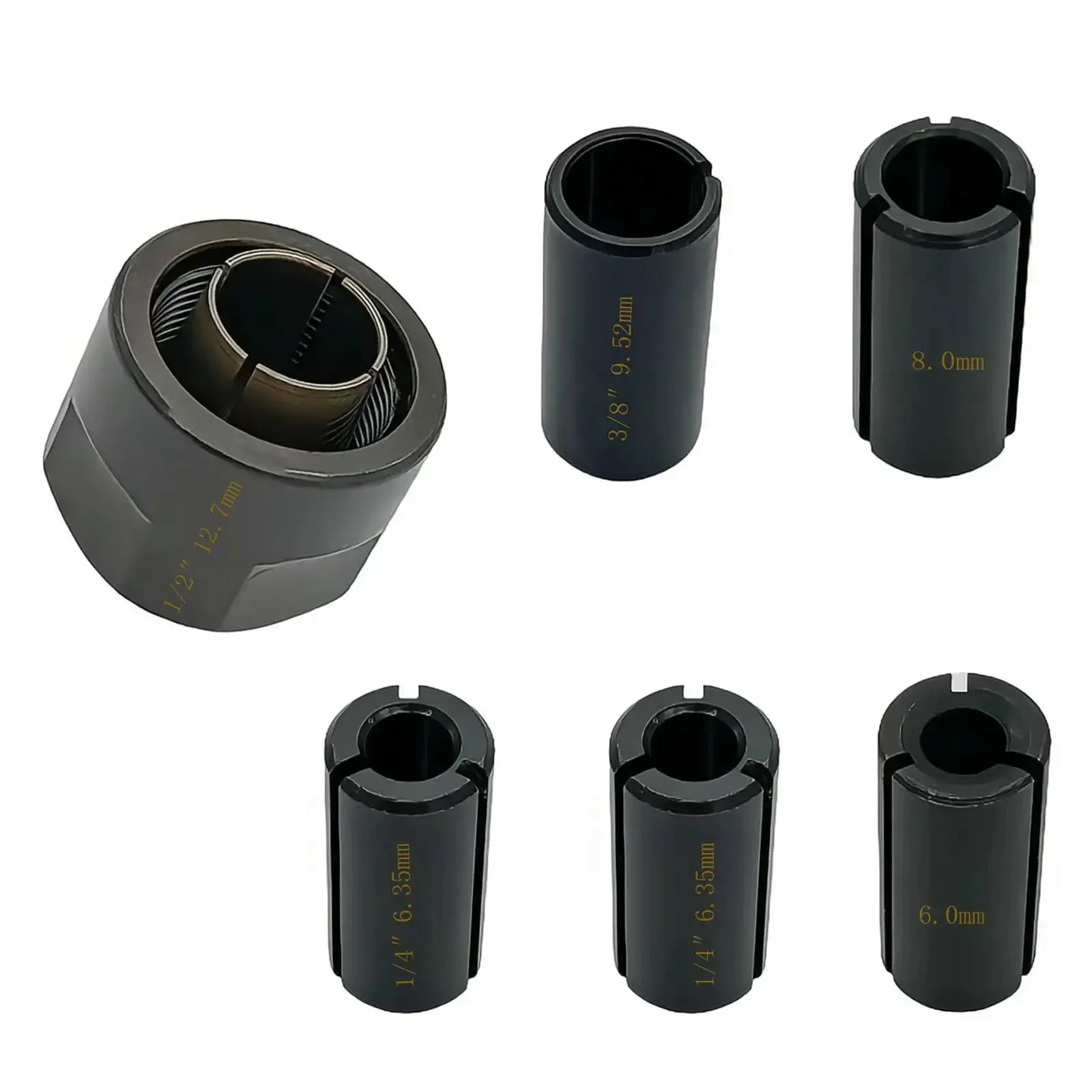 Collet Nut Cone Set For Router, Heavy Duty Half Inch Nut With Mixed Collets 6.0mm, 6.35mm One Quarter Inch, 8.0mm, 9.52mm, Six Pack, Fits 3612 Series And 3600H Routers