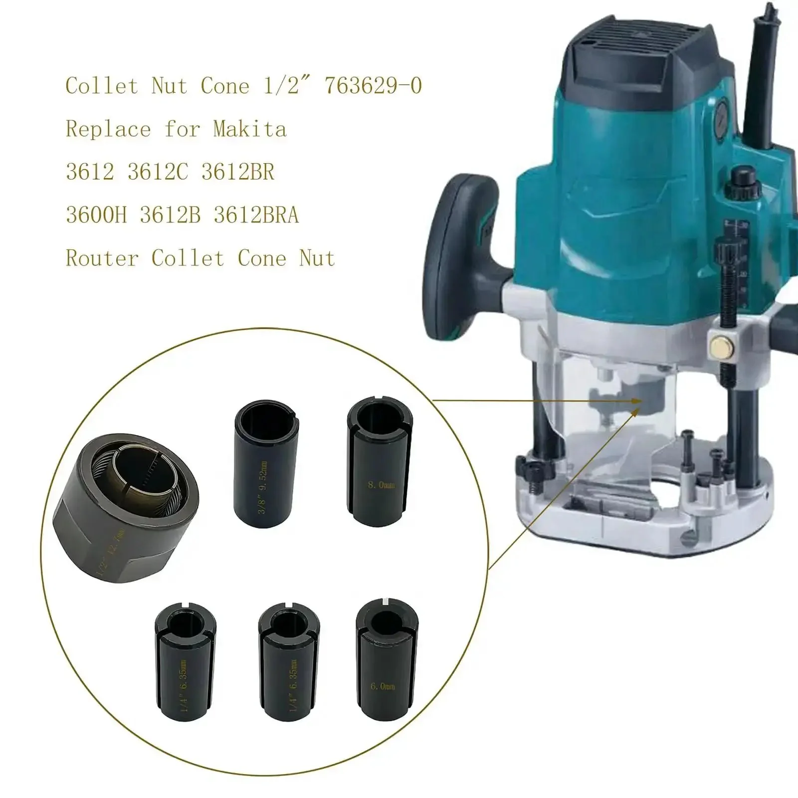 Collet Nut Cone Set For Router, Heavy Duty Half Inch Nut With Mixed Collets 6.0mm, 6.35mm One Quarter Inch, 8.0mm, 9.52mm, Six Pack, Fits 3612 Series And 3600H Routers - Image 2