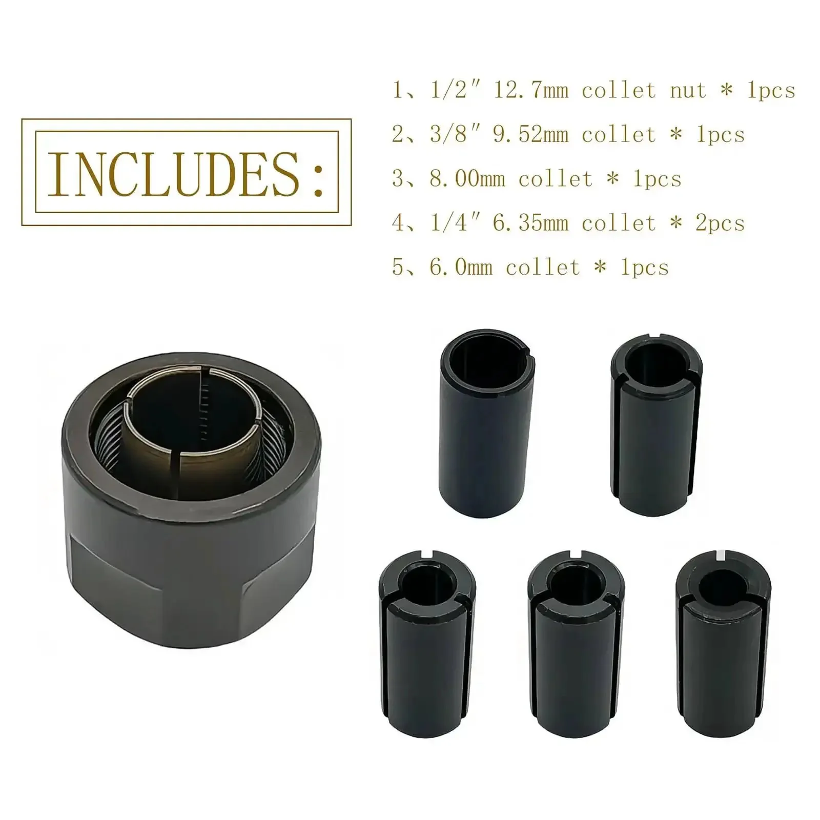 Collet Nut Cone Set For Router, Heavy Duty Half Inch Nut With Mixed Collets 6.0mm, 6.35mm One Quarter Inch, 8.0mm, 9.52mm, Six Pack, Fits 3612 Series And 3600H Routers - Image 4