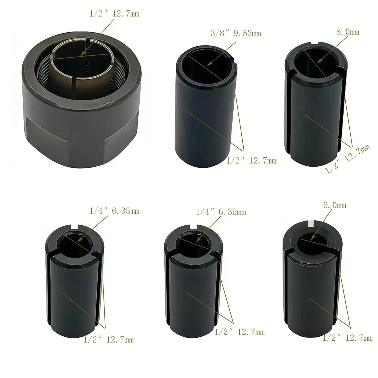 Collet Nut Cone Set For Router, Heavy Duty Half Inch Nut With Mixed Collets 6.0mm, 6.35mm One Quarter Inch, 8.0mm, 9.52mm, Six Pack, Fits 3612 Series And 3600H Routers - Image 5