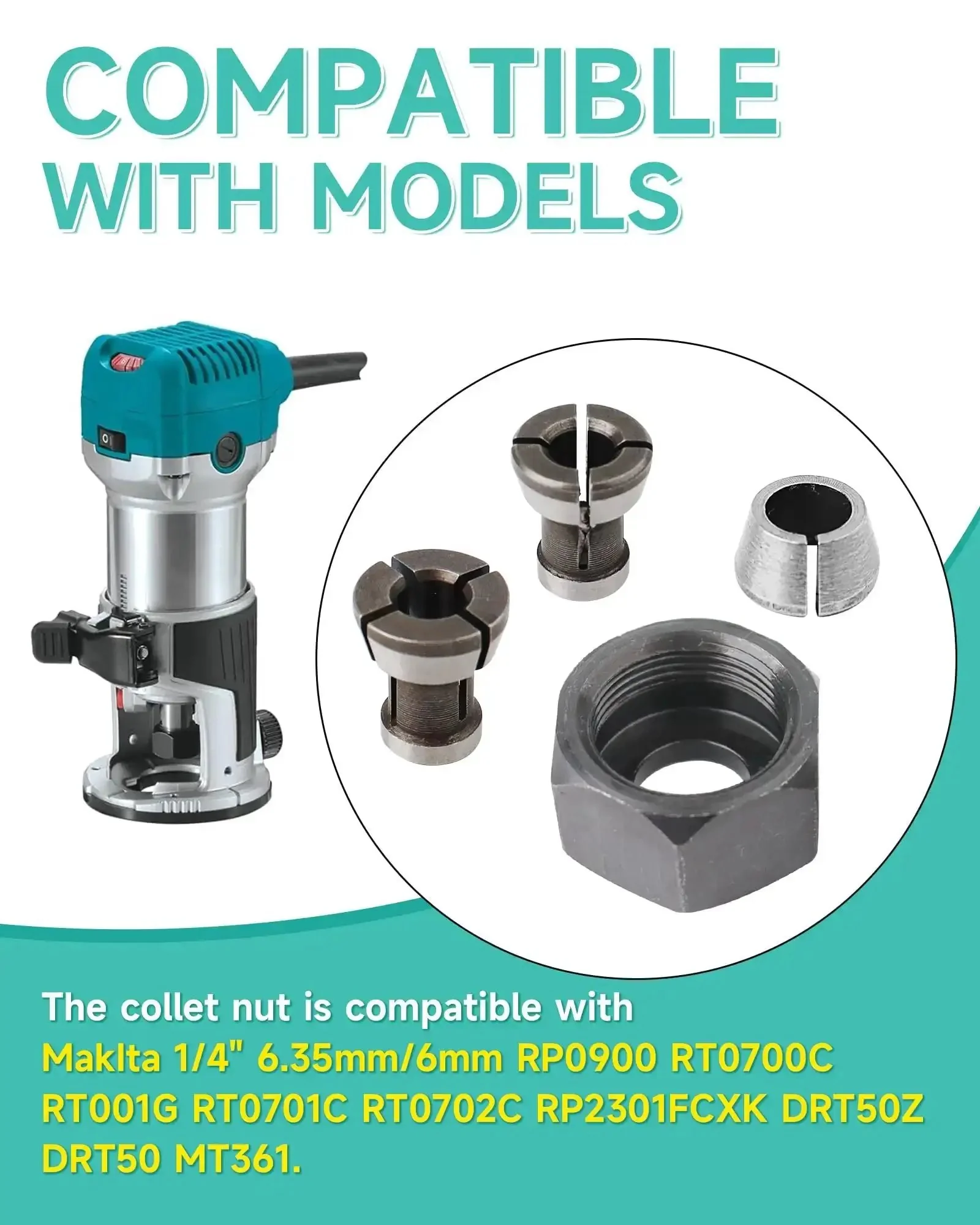 Collet Nut Kit Replacement For Makita Drills And Rotary Tools One Quarter Inch Six Point Three Five Millimeter Six Millimeter Compatible With RP0900 RT0700C RT001G RT0701C RT0702C RP2301FCXK DRT50Z DRT50 MT361 763637-1 763636-3 Nut Parts Assembly - Image 5