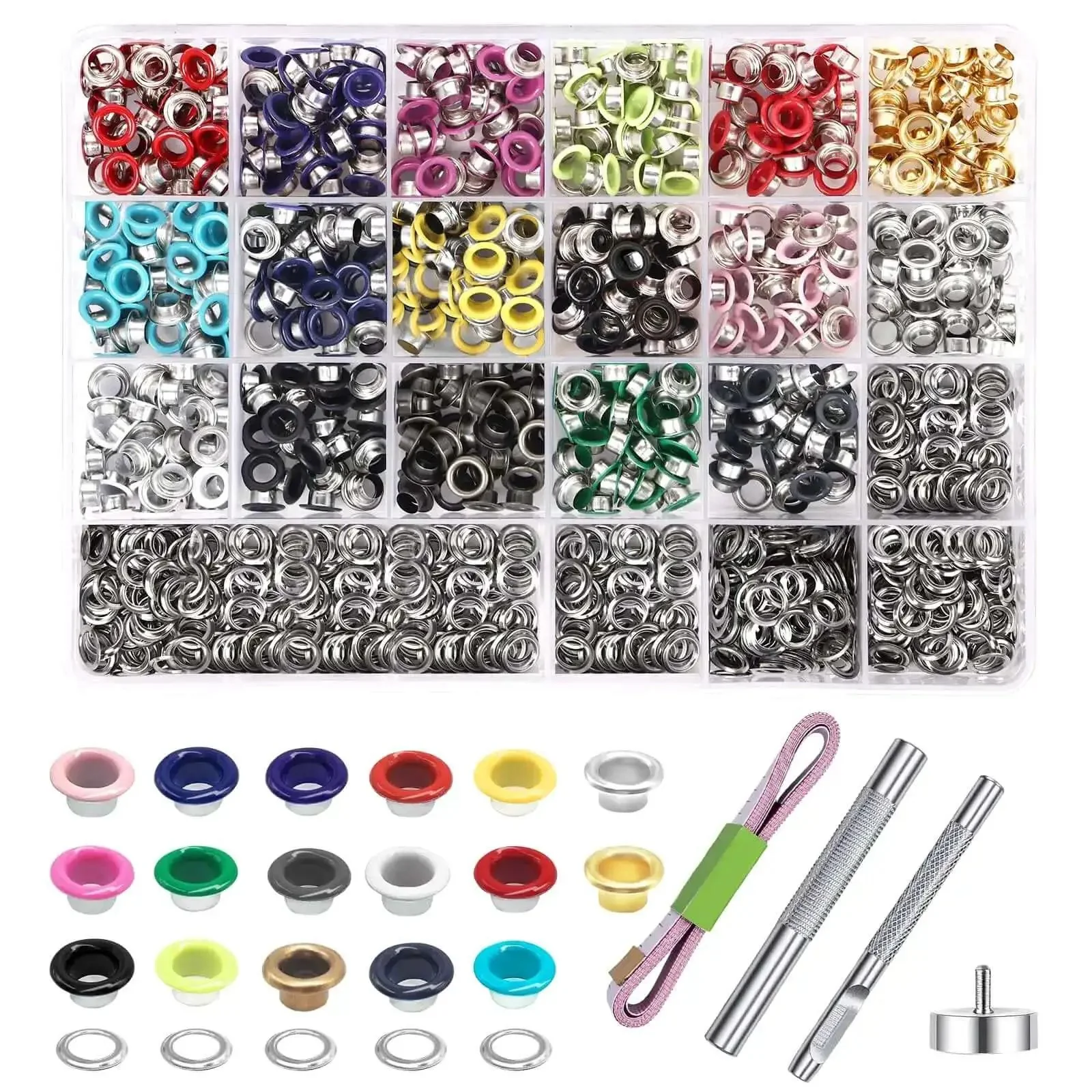 Colorful Grommet And Eyelet Kit With 680 Pieces In 17 Colors Includes Three Sixteenths Inch Metal Eyelets For Shoes Belts Clothes Bags And Crafts Plus Installation Tool Measuring Tape And Durable Storage Box For DIY Projects