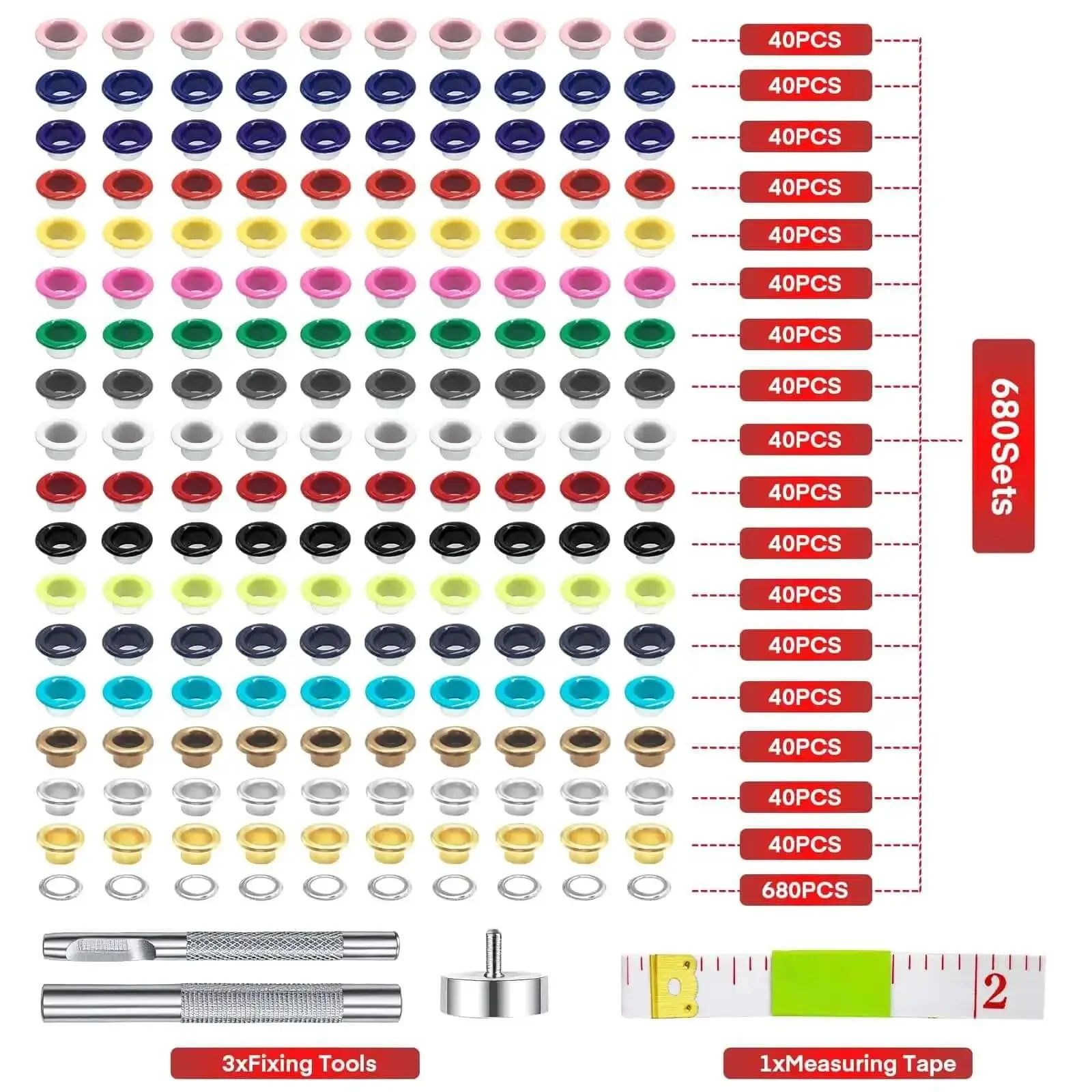 Colorful Grommet And Eyelet Kit With 680 Pieces In 17 Colors Includes Three Sixteenths Inch Metal Eyelets For Shoes Belts Clothes Bags And Crafts Plus Installation Tool Measuring Tape And Durable Storage Box For DIY Projects - Image 9