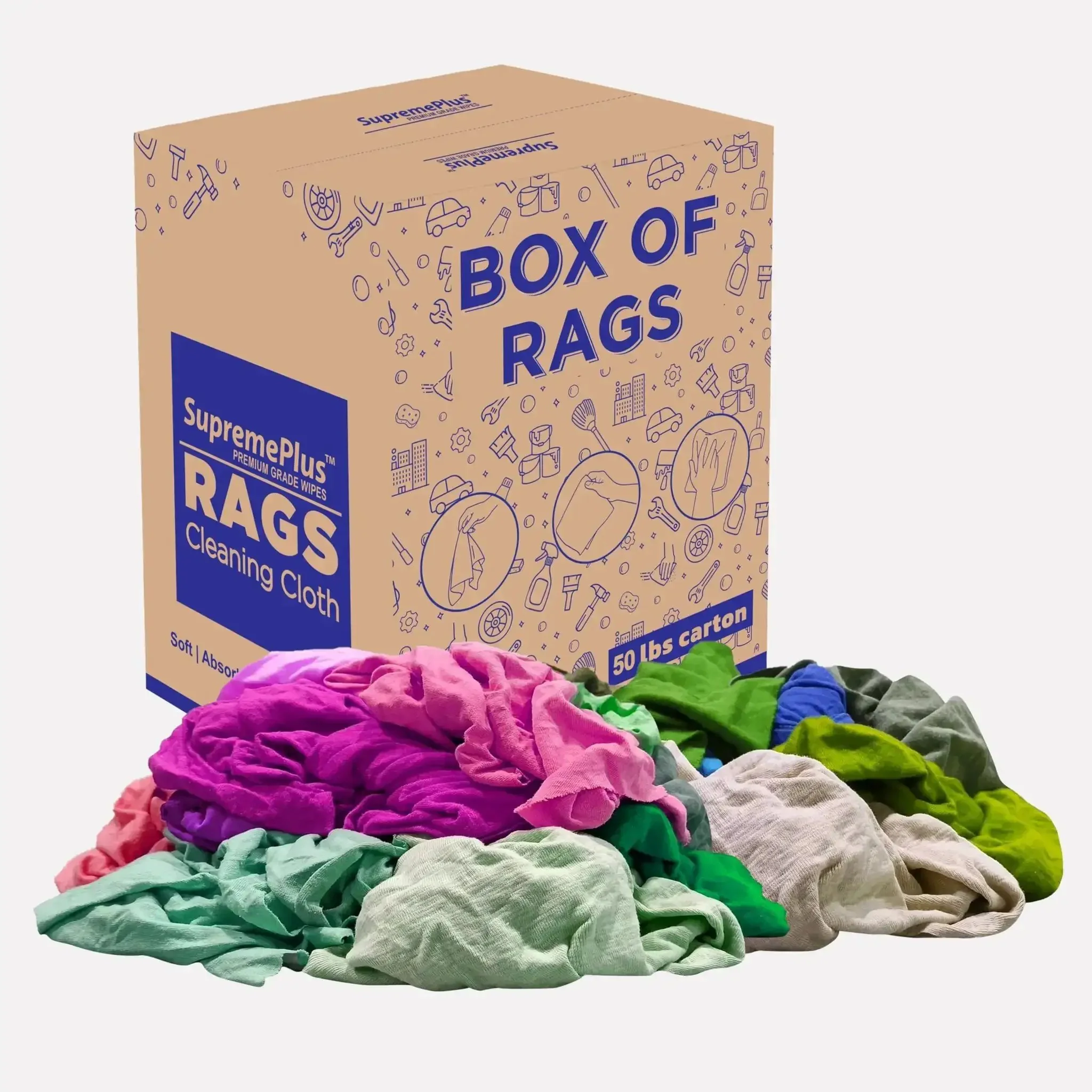 Colorful Recycled Cotton Rags For Home And Shop, Extra Absorbent 50 Lb Box Of T Shirt Scraps, Multipurpose Cleaning Cloths For Mechanics, Painters, Housing Projects And Busy Workshops