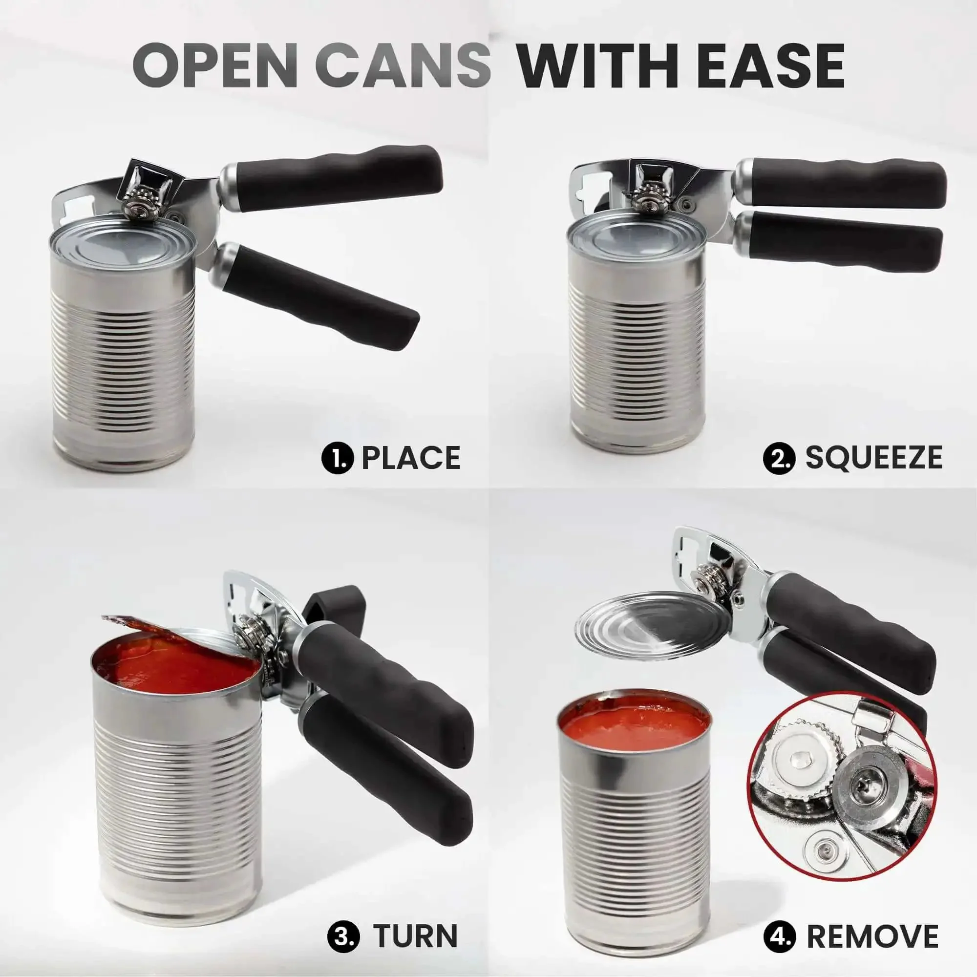 Comfy Manual Can Opener With Bottle Opener, Rust Proof Stainless Steel, Turn Knob, Soft Grip Handles, Slip-Resistant, No-Hassle Opening For Cans And Bottles, Durable Black Kitchen Tool - Image 3