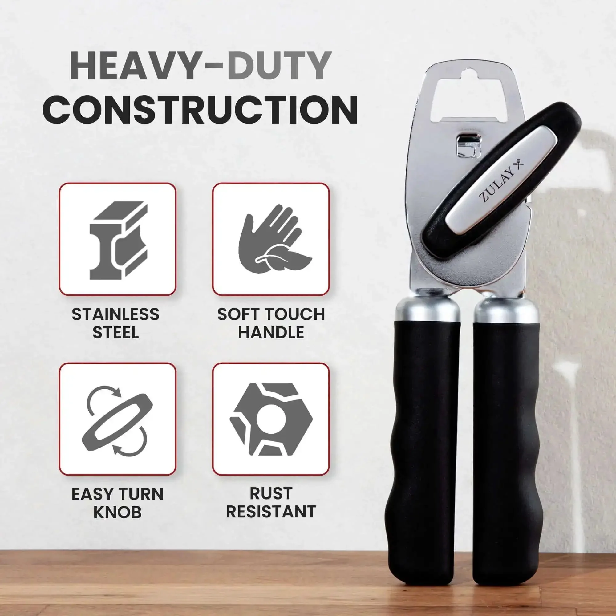 Comfy Manual Can Opener With Bottle Opener, Rust Proof Stainless Steel, Turn Knob, Soft Grip Handles, Slip-Resistant, No-Hassle Opening For Cans And Bottles, Durable Black Kitchen Tool - Image 4
