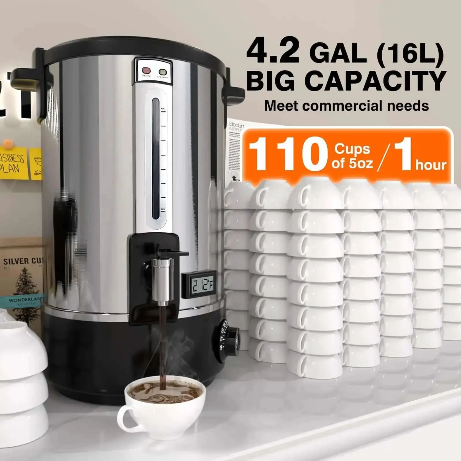 Commercial Coffee Urn 110-Cup 16L Fast Brew Stainless Steel Hot Beverage Dispenser With Temperature Display And Thermometer Electric Hot Water Urn For Weddings Parties Catering Events Easy Cleaning Double Wall - Image 7