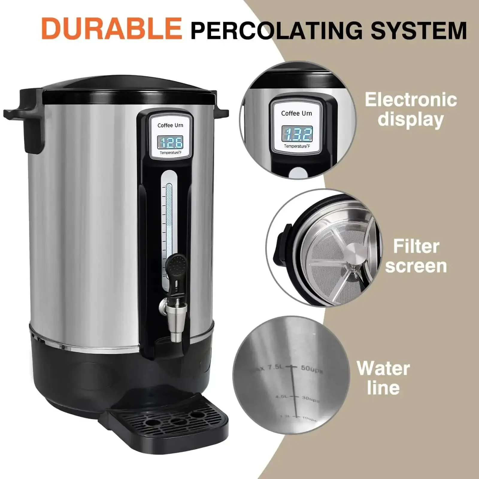 Commercial Coffee Urn 50 Cup 12L Stainless Steel Heavy Duty Coffee Maker For Catering Gigs, Events, Offices And Restaurants With Fast Brew And Keep Warm Function - Image 3