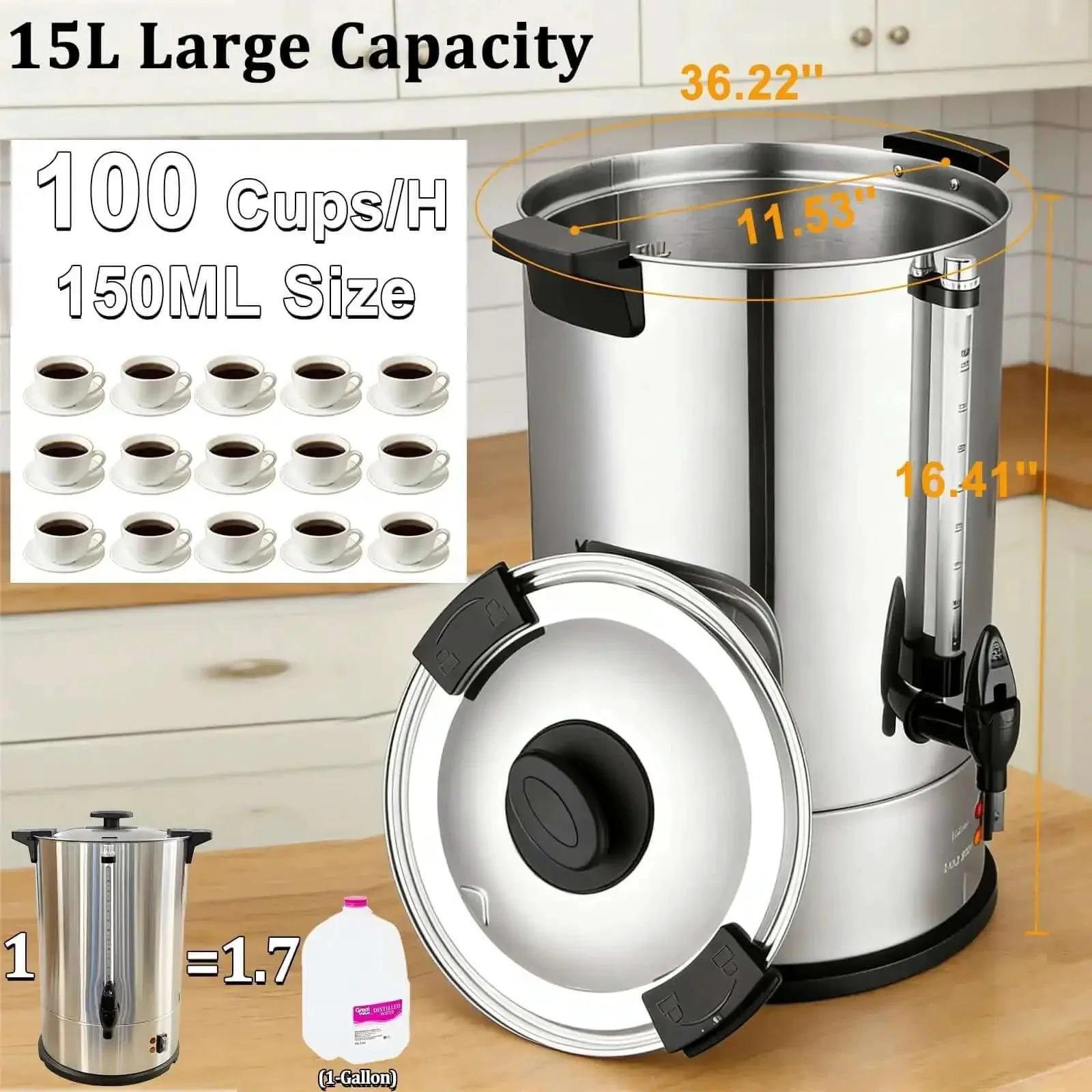 Commercial Coffee Urn for Big Batch 100 Cup Coffee Maker Stainless Steel 15L Large Capacity Hot Water Dispenser for Coffee Tea and Water with Removable Permanent Filter No Paper Filters Needed - Image 4