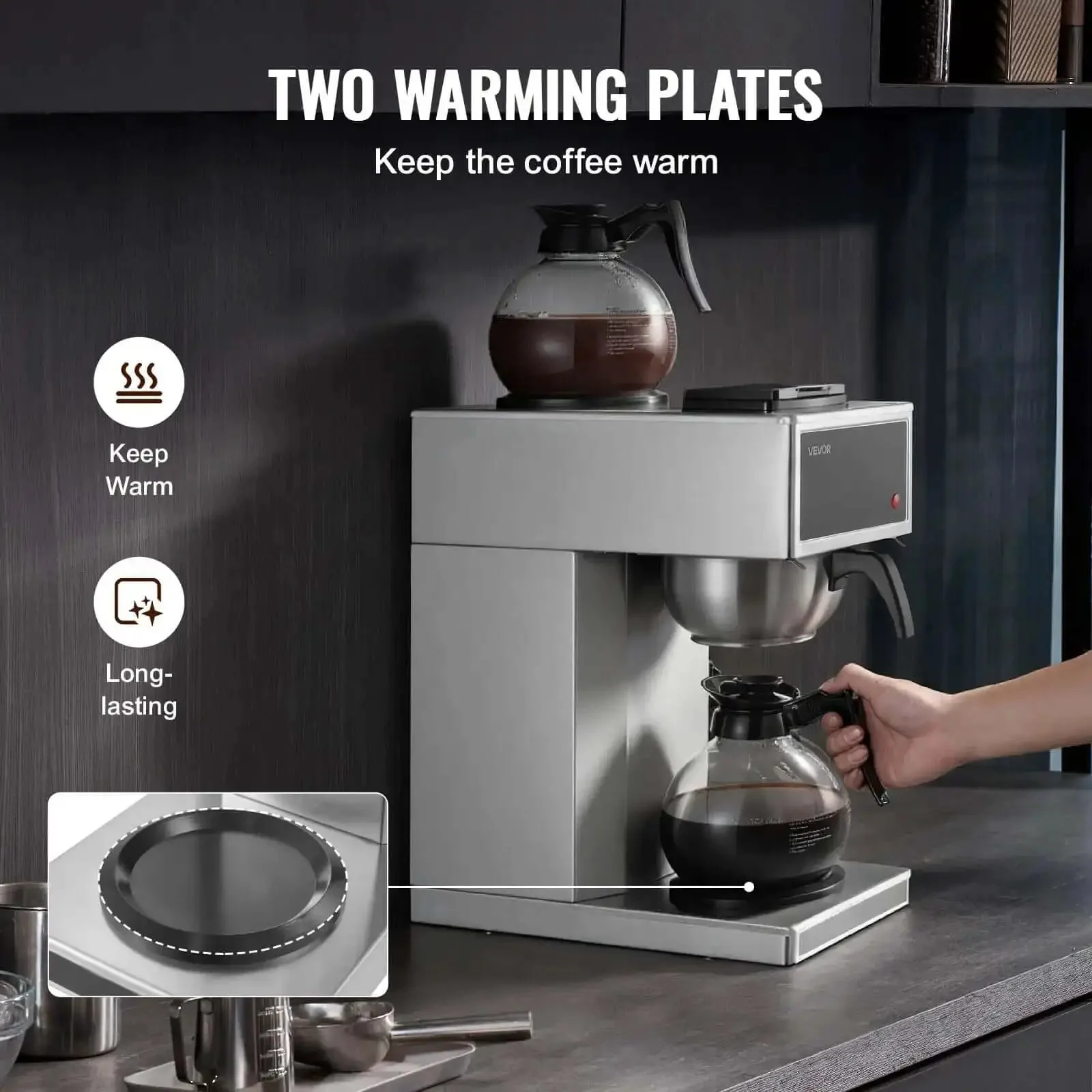 Commercial Drip Coffee Maker Built For Busy Kitchens With 12 Cup Capacity Dual Warmer Plates Two Glass Carafes Stainless Steel Brew Unit Fast 6 Minute Pot Ideal For Restaurant Office Coffee Shop And Home Use - Image 8
