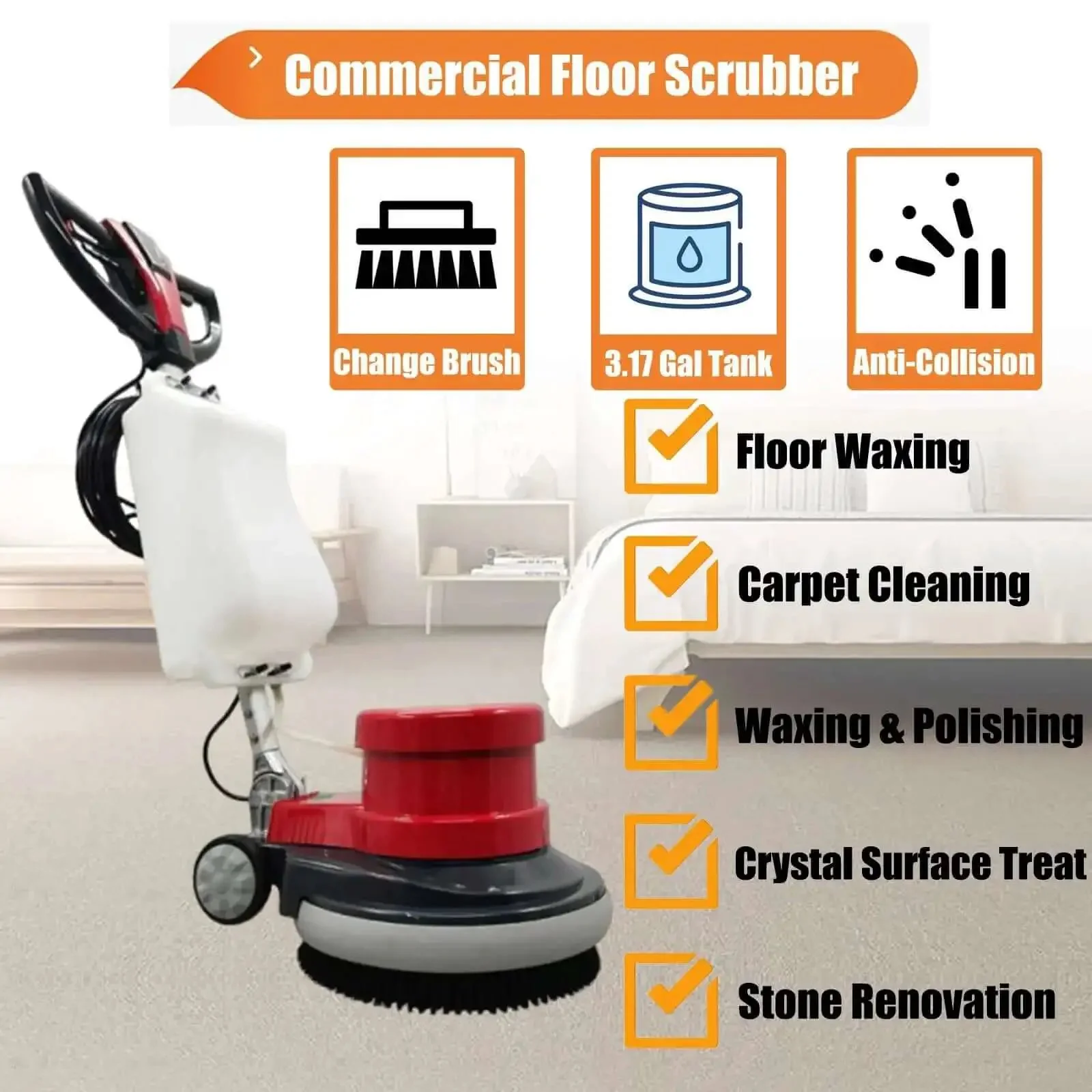 Commercial Floor Cleaning Machine 17 Inch Floor Cleaner And Polisher Industrial Scrubber Buffer With Three Changeable Brushes Hard Brush Soft Blanket Brush And Needle Tray 110V Heavy Duty Floor Scrubber - Image 5