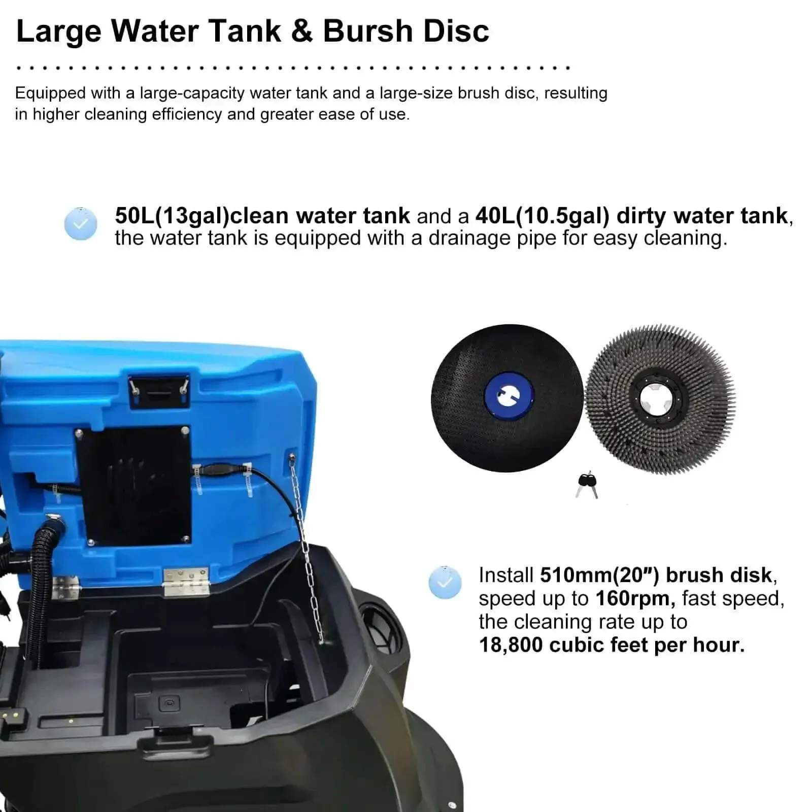 Commercial Floor Scrubber With 20 Inch Cleaning Path Dual Tank System 50L Fresh Water 40L Waste Water Boss Level Auto Industrial Mopping Machine 110V High Speed Clean Up To 18000 Sq Ft Per Hour Includes Brushes And Squeegee Versatile On All Floors - Image 7