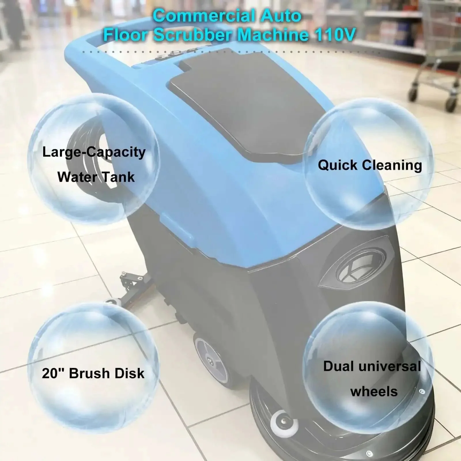 Commercial Floor Scrubber With 20 Inch Cleaning Path Dual Tank System 50L Fresh Water 40L Waste Water Boss Level Auto Industrial Mopping Machine 110V High Speed Clean Up To 18000 Sq Ft Per Hour Includes Brushes And Squeegee Versatile On All Floors - Image 9