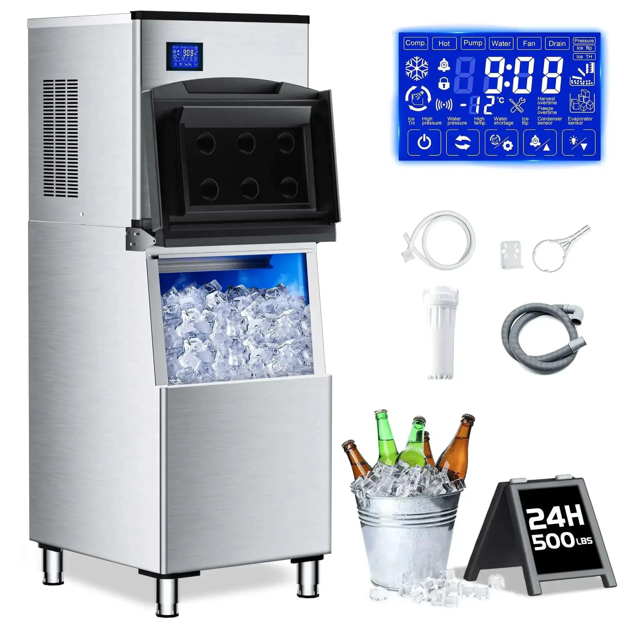 Commercial Ice Maker Machine 500 Lbs Per Day With 350 Lb Storage Bin Stainless Steel Workhorse Ice Machine 156 Ice Cubes Per Cycle Touch Screen Control Self Cleaning Ideal For Bars Restaurants Cafes