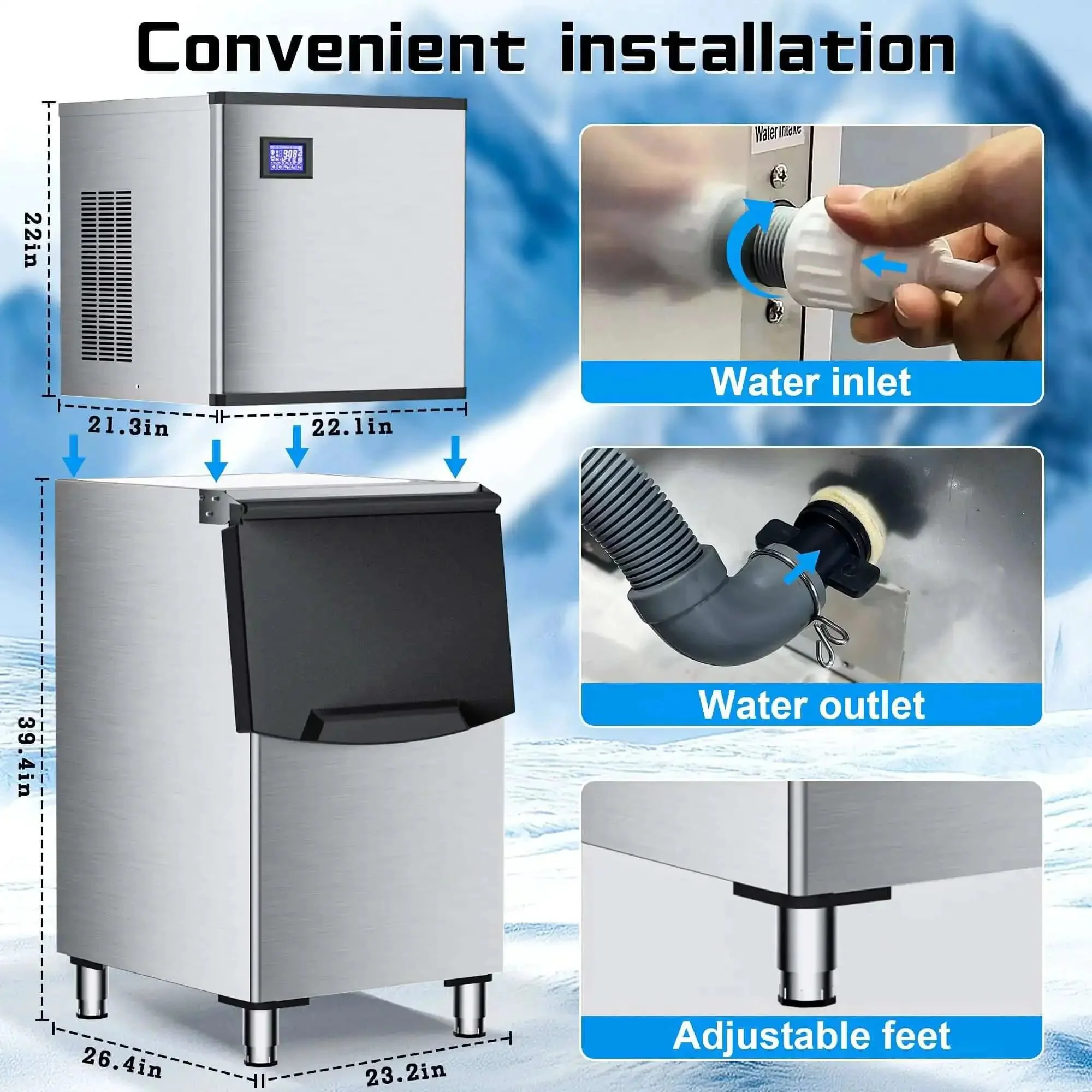 Commercial Ice Maker Machine 500 Lbs Per Day With 350 Lb Storage Bin Stainless Steel Workhorse Ice Machine 156 Ice Cubes Per Cycle Touch Screen Control Self Cleaning Ideal For Bars Restaurants Cafes - Image 2
