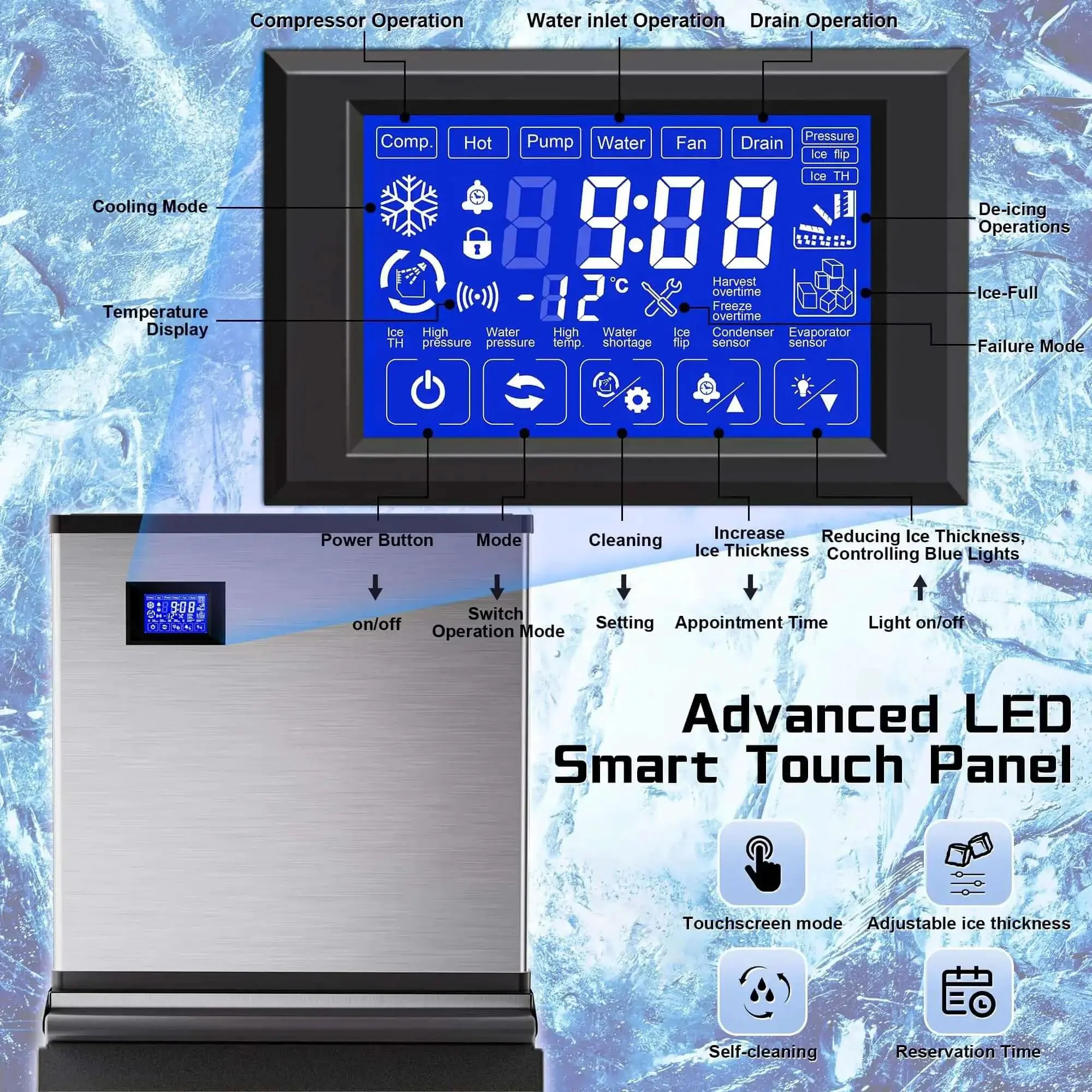 Commercial Ice Maker Machine 500 Lbs Per Day With 350 Lb Storage Bin Stainless Steel Workhorse Ice Machine 156 Ice Cubes Per Cycle Touch Screen Control Self Cleaning Ideal For Bars Restaurants Cafes - Image 7