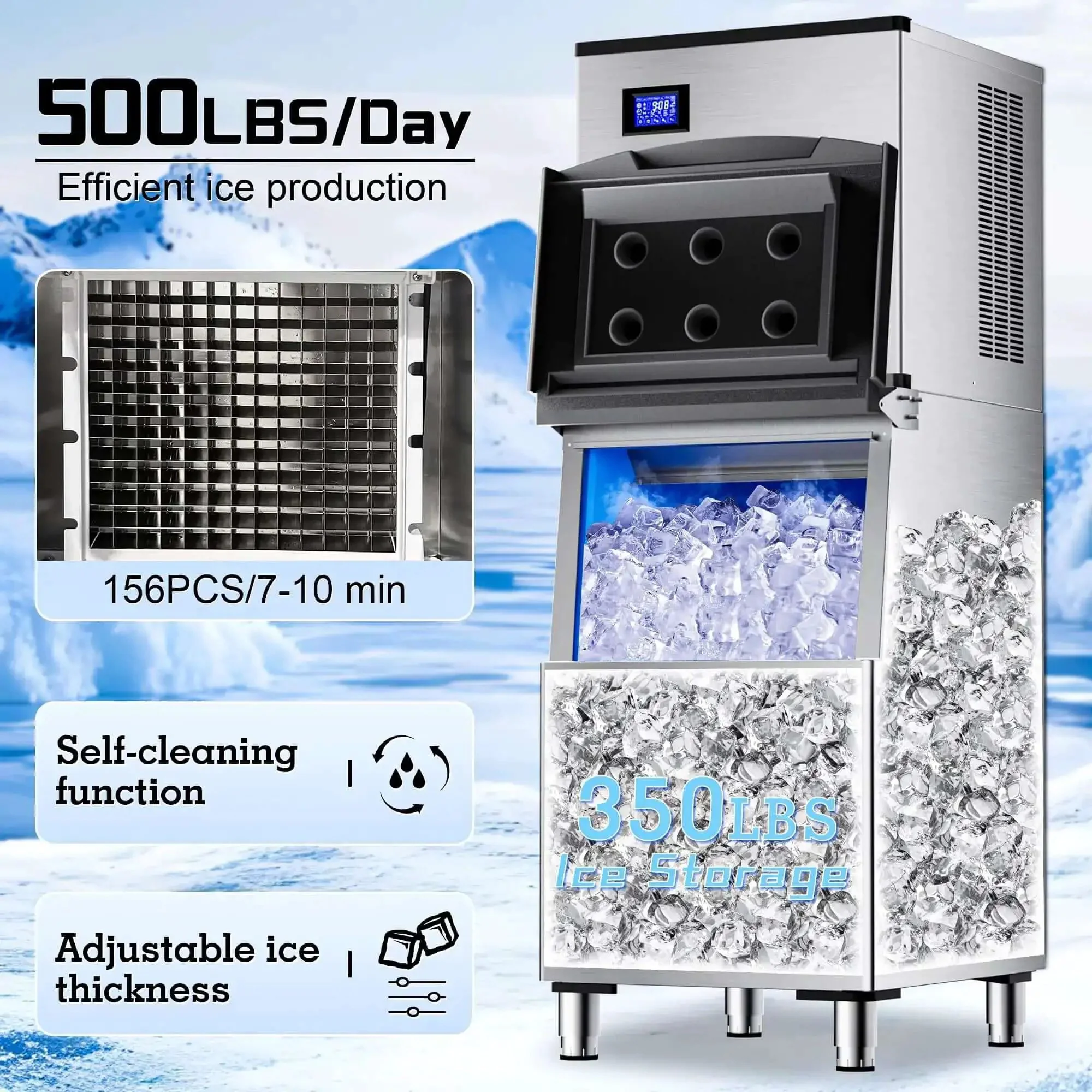 Commercial Ice Maker Machine 500 Lbs Per Day With 350 Lb Storage Bin Stainless Steel Workhorse Ice Machine 156 Ice Cubes Per Cycle Touch Screen Control Self Cleaning Ideal For Bars Restaurants Cafes - Image 8