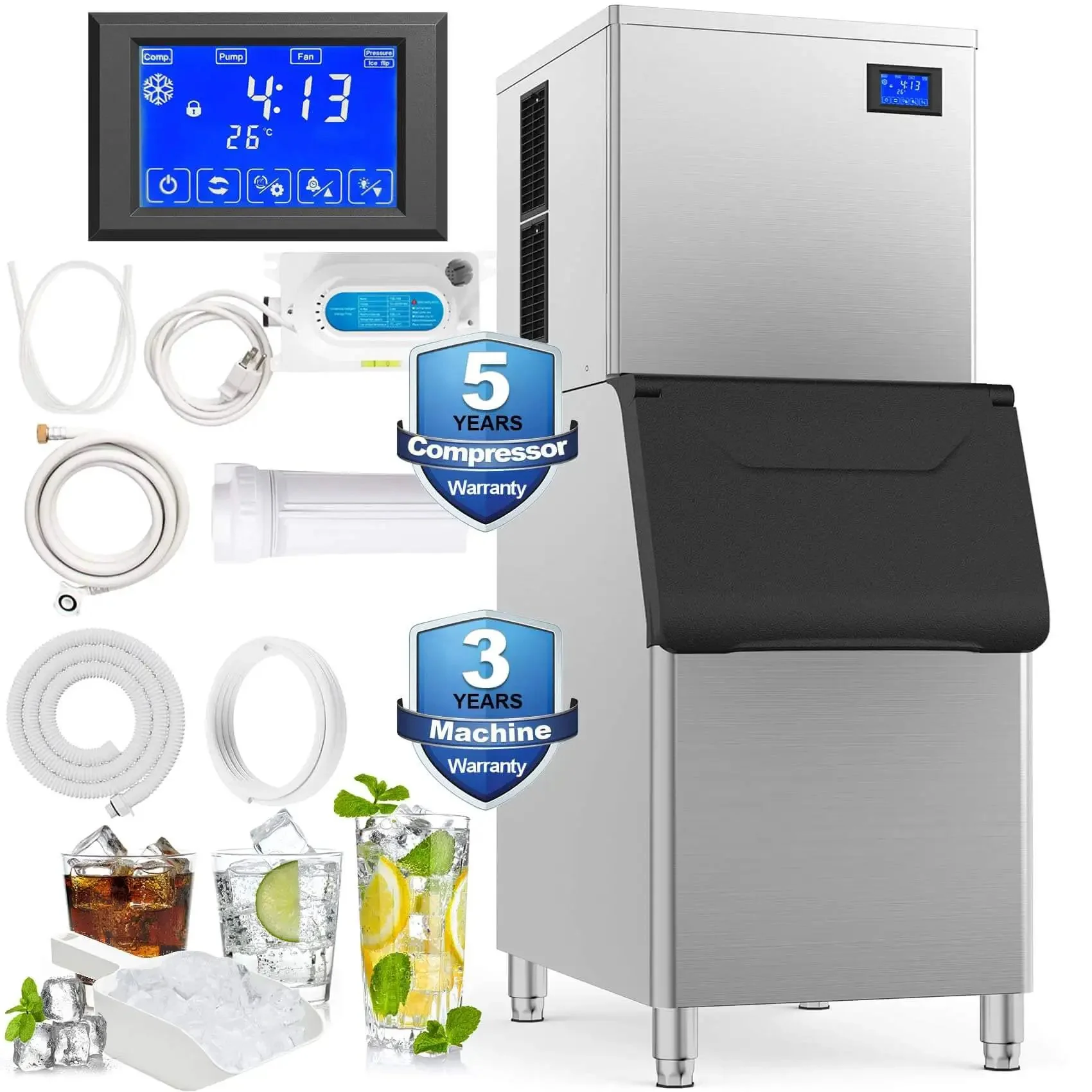 Commercial Ice Maker Machine For Restaurants And Bars Big Industrial Freestanding Stainless Steel Ice Machine That Cranks Out 550 Lbs Per Day With 400 Lbs Storage Ice Ready In 7 To 12 Minutes Clear Cube Ice Energy Efficient Copper Compressor