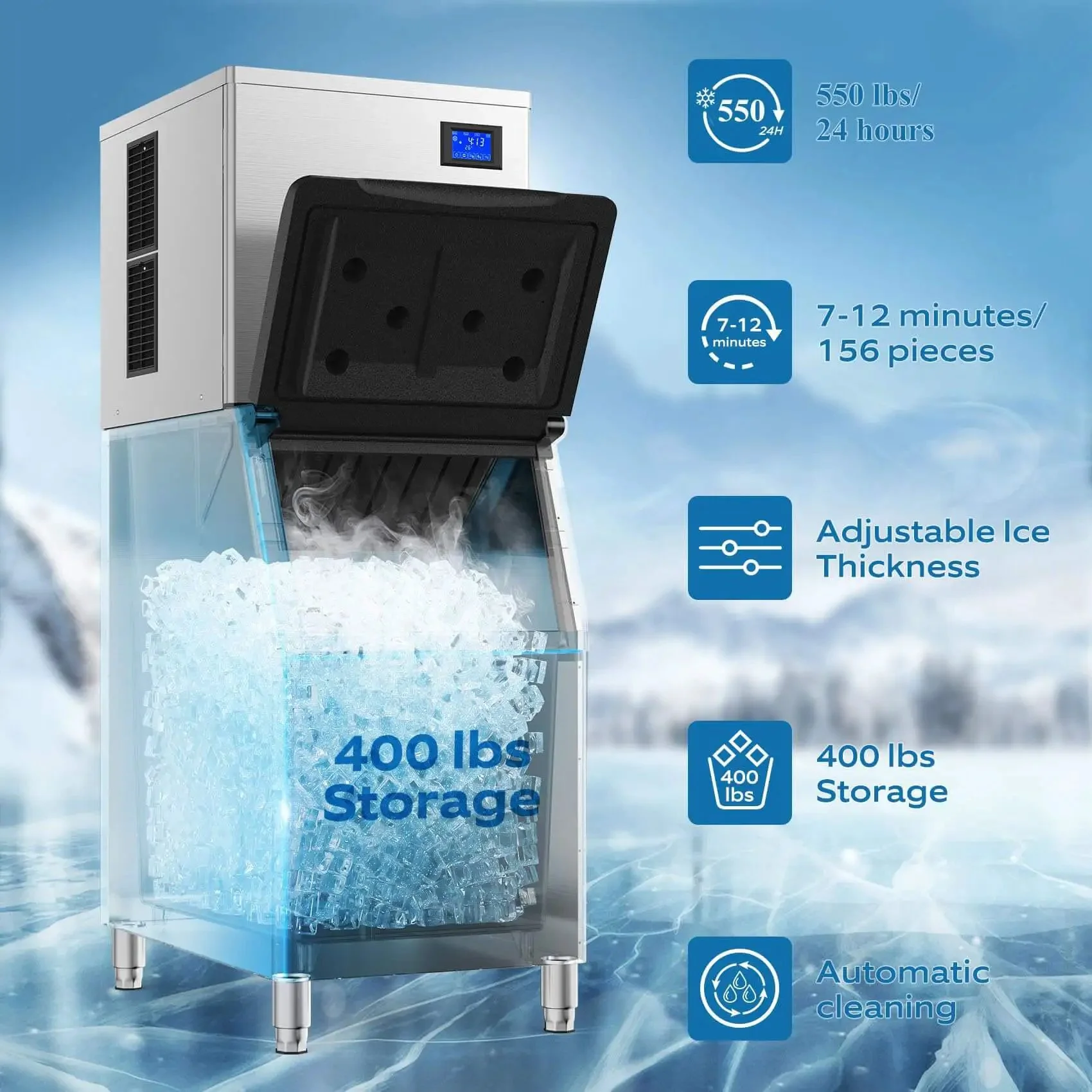 Commercial Ice Maker Machine For Restaurants And Bars Big Industrial Freestanding Stainless Steel Ice Machine That Cranks Out 550 Lbs Per Day With 400 Lbs Storage Ice Ready In 7 To 12 Minutes Clear Cube Ice Energy Efficient Copper Compressor - Image 8
