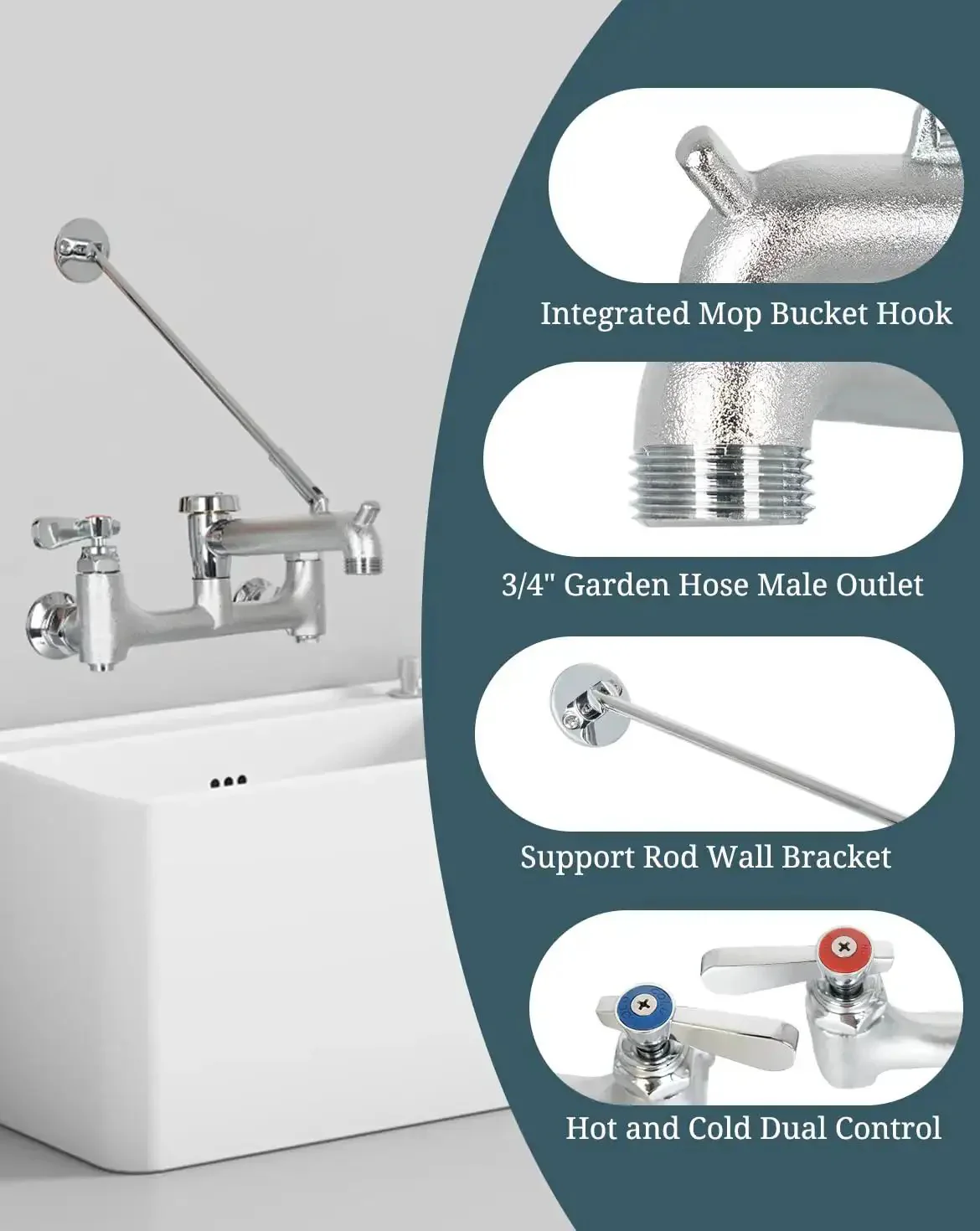 Commercial Mop Sink Faucet With Vacuum Breaker, Wall Mount Utility Sink Faucet, 8 Inch Adjustable Center, Pail Hook, Built Tough Brass, Durable Mop Sink Faucet For Restaurant Garage Industrial Use - Image 5