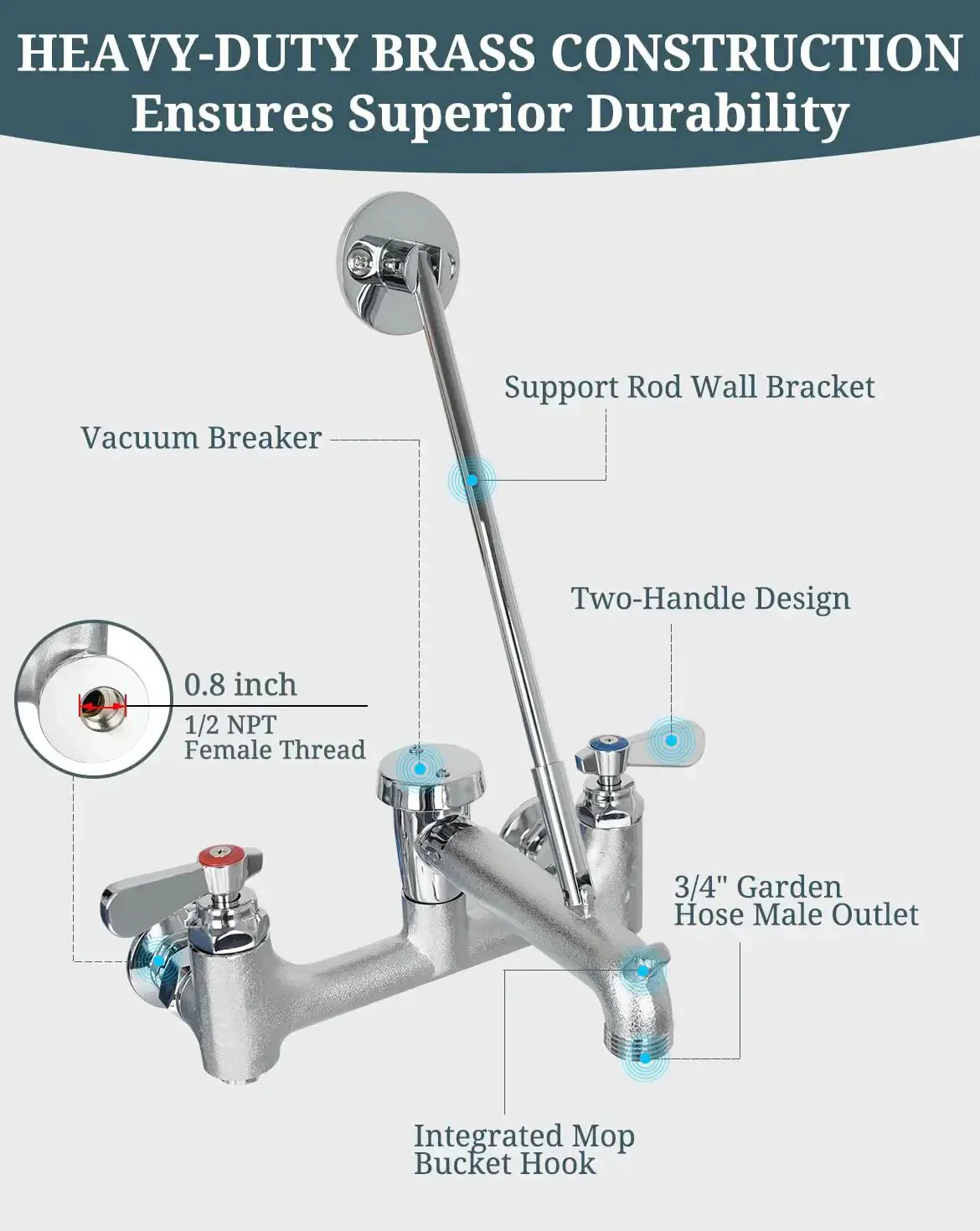 Commercial Mop Sink Faucet With Vacuum Breaker, Wall Mount Utility Sink Faucet, 8 Inch Adjustable Center, Pail Hook, Built Tough Brass, Durable Mop Sink Faucet For Restaurant Garage Industrial Use - Image 6