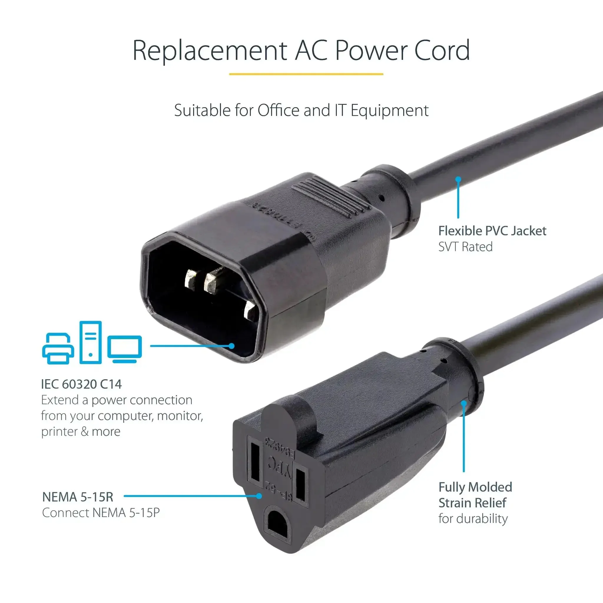Compact 1ft Computer Power Extension Cord From IEC 60320 C14 To NEMA 5 15R For PC Server Or Home Office Gear 18AWG 125V 10A UL Listed Black Indoor Use AC Outlet Cable - Image 4