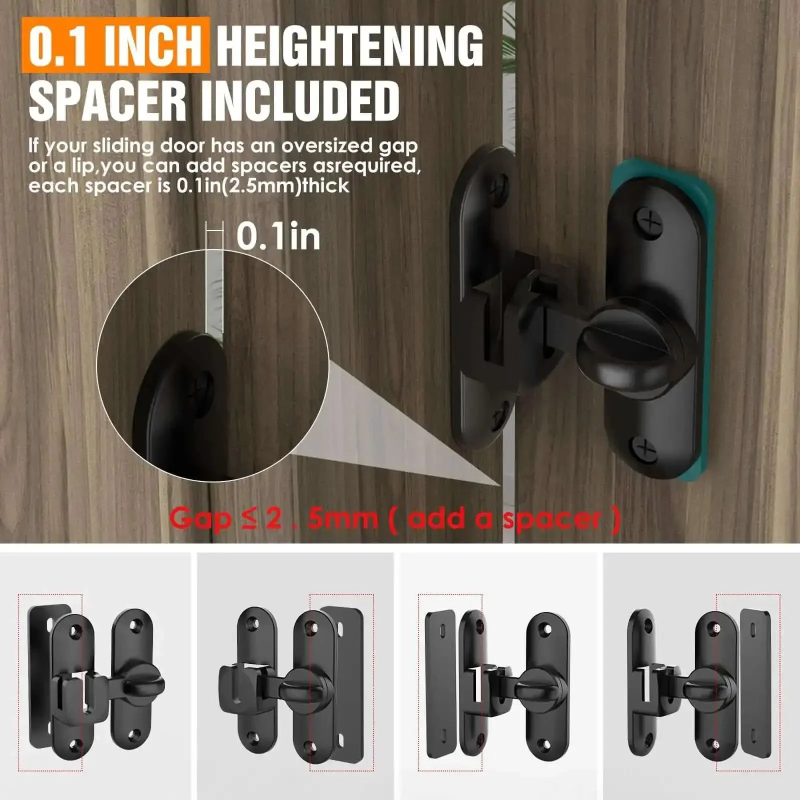 Compact 90 180 Degree Sliding Door Latch, Heavy Duty Flip Bar Lock For Bathroom, Garden, Bedroom, Cabinet, Black, Tiny But Tough, Rustproof Zinc Alloy Construction, Easy Install, Secure Sliding Door Safety - Image 4