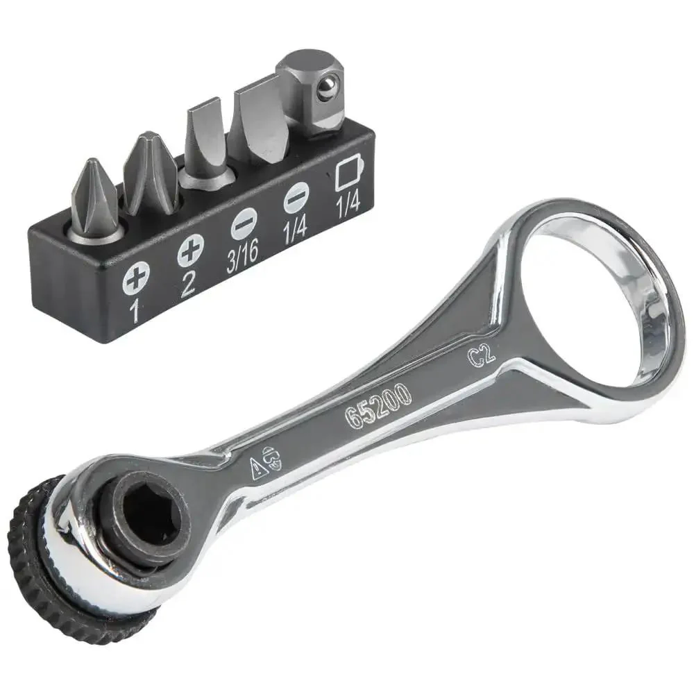 Compact Five Piece Mini Ratchet Set For Tight Spots With Phillips And Slotted Bits One Quarter And Five Sixteenths Inch Nut Drivers Quarter Inch Adapter Four Drive Bits Dual Drive Head And Socket Adapter
