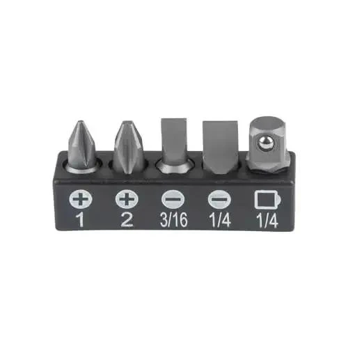 Compact Five Piece Mini Ratchet Set For Tight Spots With Phillips And Slotted Bits One Quarter And Five Sixteenths Inch Nut Drivers Quarter Inch Adapter Four Drive Bits Dual Drive Head And Socket Adapter - Image 2